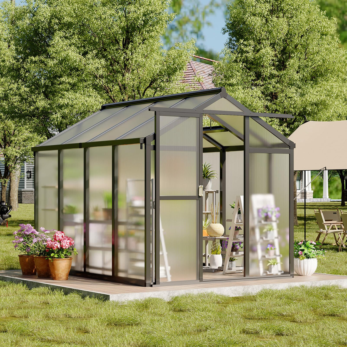 Garvee 6 X 8 Ft Greenhouse, Greenhouses for Outside, Polycarbonate Greenhouse with Aluminum Frame, Lockable Door and Ajustable Roof Vent for Backyard, Green Houses for Outside Garden Backyard, Patio
