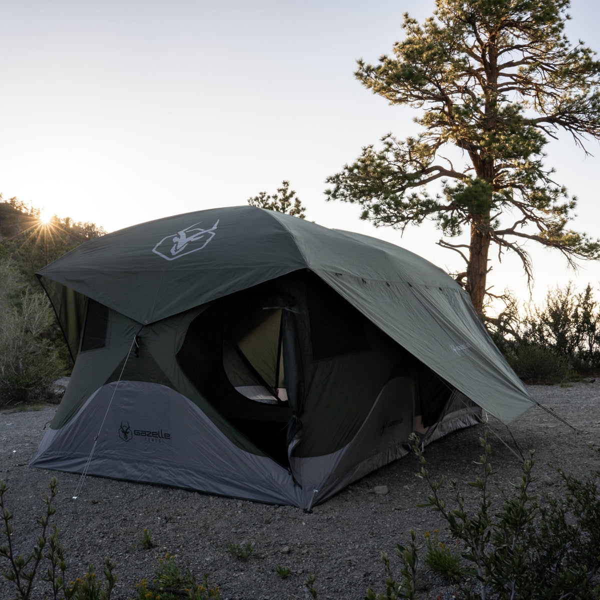 Gazelle Tents™ T4 Tandem Hub Tent with Overland Kit, Easy 90 Second Set-Up, Waterproof, UV Resistant, Removable Floor, Stakes, Duffle Bag, 4-8 Person, Alpine Green/Slate, 165" x 94" x 78", GK916