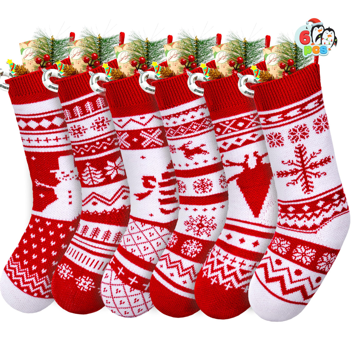 JOYIN 6 Pack 18" Christmas Knit Stockings, Large Rustic Yarn Xmas Stockings Bulk, Cable Knit Xmas Stockings with Snowflake Snowman Reindeer Character for Christmas Tree Fireplace Holiday Decorations
