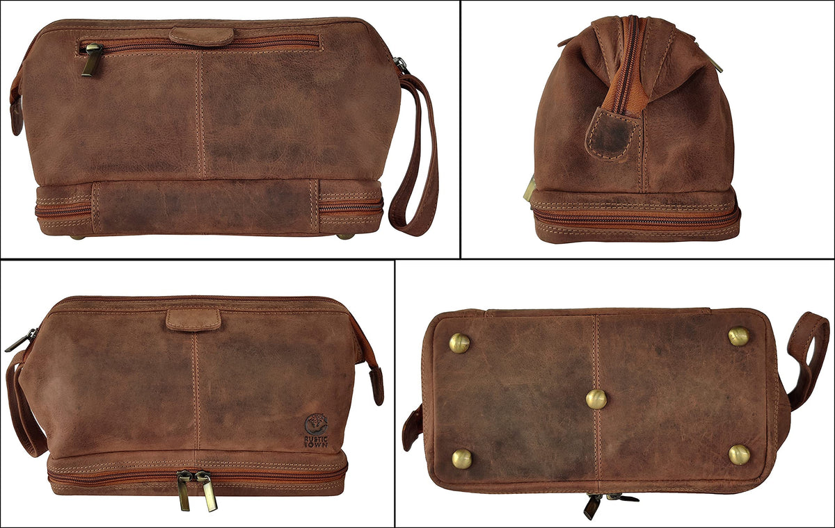 RUSTIC TOWN Leather Toiletry Bag for Men - Travel Gift Shaving Ditty Kit - Bathroom Shower Toiletries Organizer - Cosmetic Makeup Bag for Women