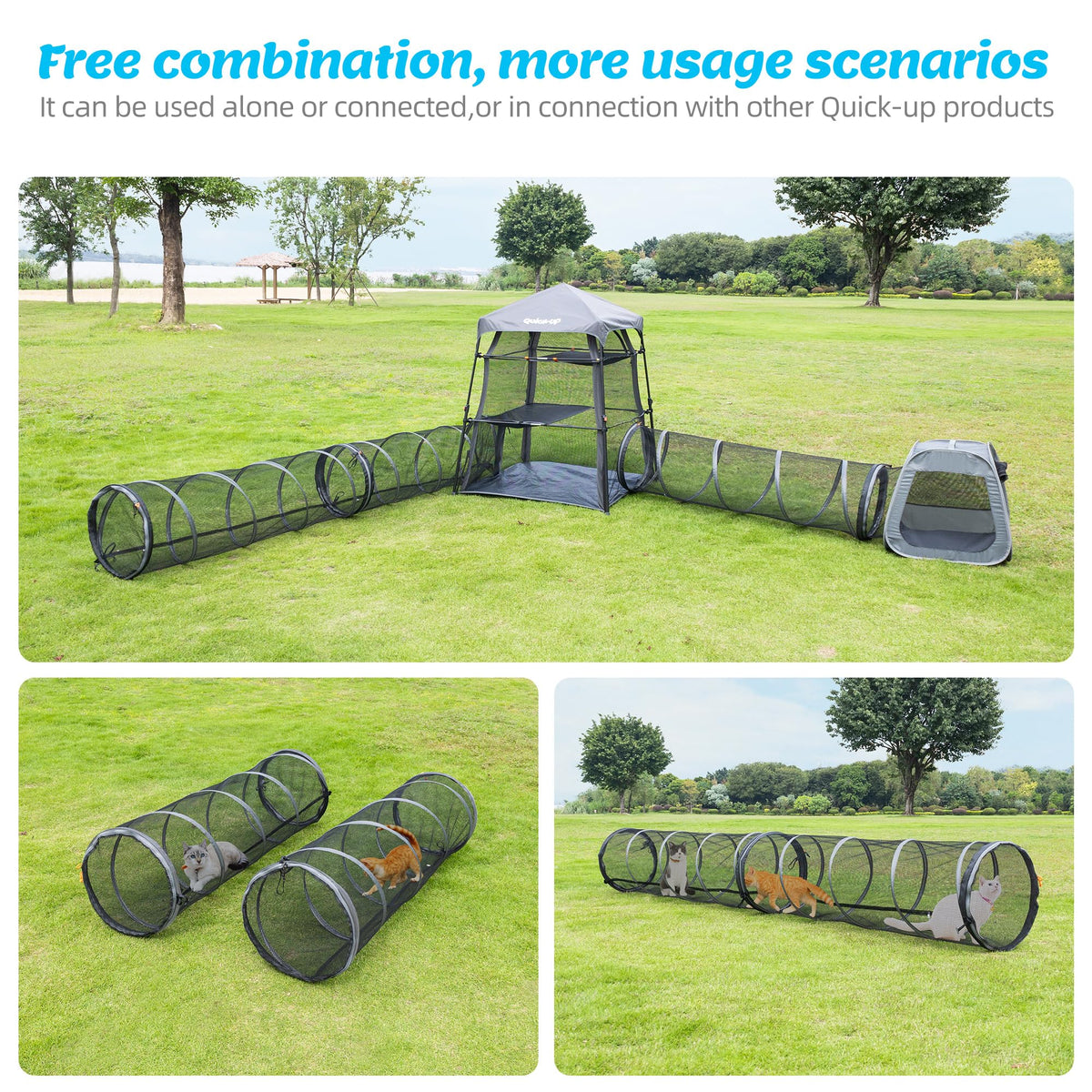 Catio Outdoor Cat Enclosure Combo for Indoor and Outdoor,3 Tier Cage Inside, Pop up Catio,Portable and Foldable(Includes one cat Tower Tent,one Tunnel and a cage) + cat Tunnel(2 Packs)