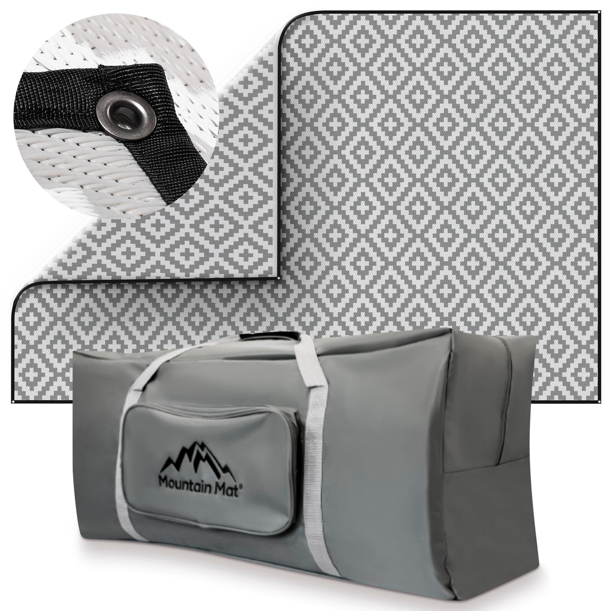 Mountain Mat 8x20 Gray & White Outdoor RV Mat with Carry Bag – Extra Thick 5mm Recycled Poly Rug – Waterproof, Reversible, Heavy-Duty – Premium Patio Mat for Camping, Deck (8x20, Grey Diamond)