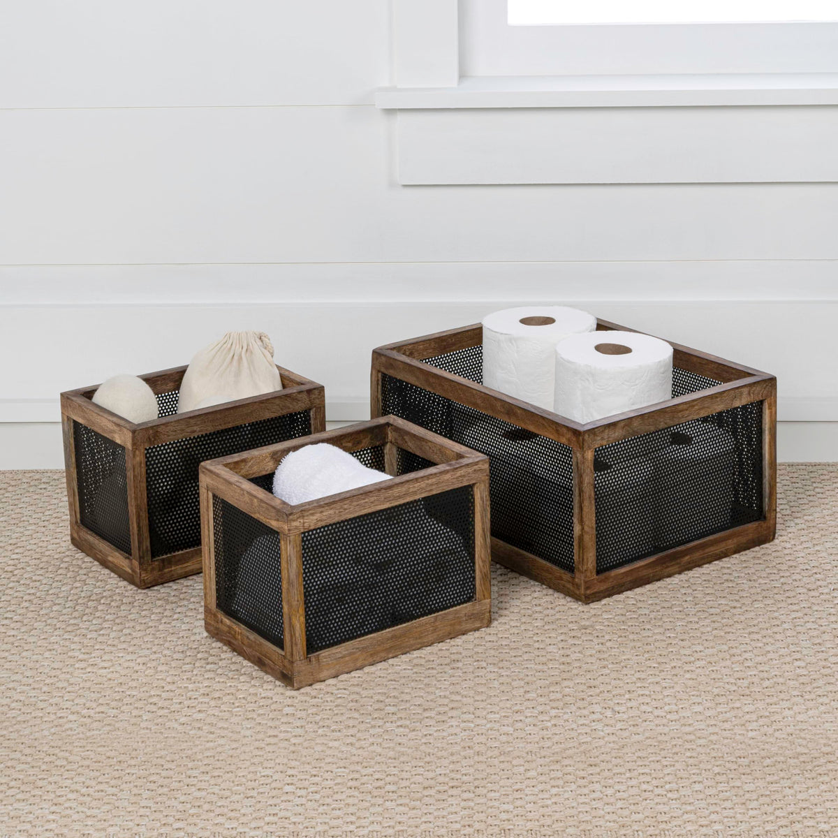happimess BSK3005B-3SET Fallon Modern Minimalist Wooden Metal Nesting Storage Baskets for Shelves, Cabinets, Pantry, Countertop, Mesh Open Bin Basket for Organizing Supplies, Black/Natural (Set of 3)
