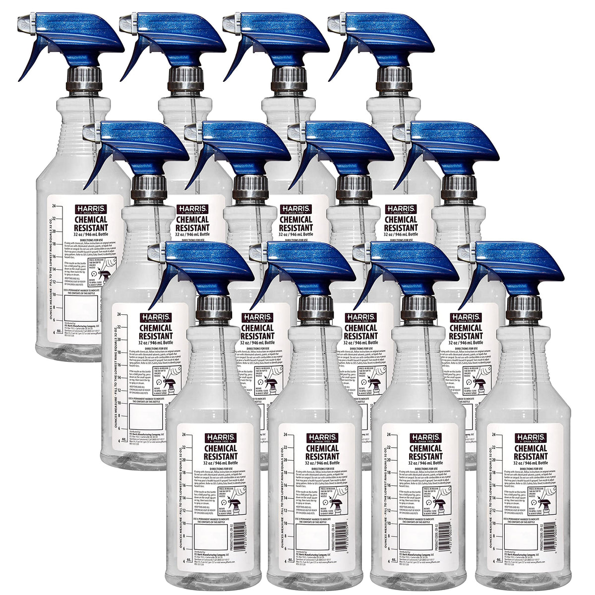 HARRIS 100% Chemically Resistant Professional Spray Bottles, 32oz (12-Pack)