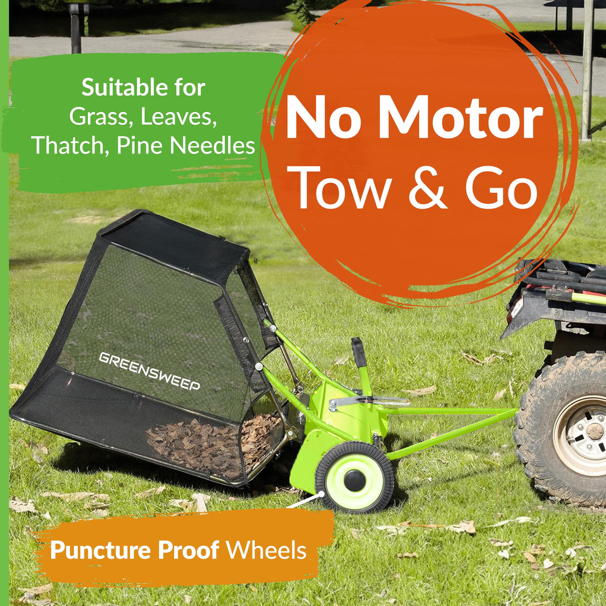 GreenSweep Pickup Tow 42-Inch Lawn Sweeper – Tow-Behind Leaf Collector for Ride-On Mowers – Adjustable Brush Height – Large Grass Catcher Hopper – Garden Debris Sweeper Attachment
