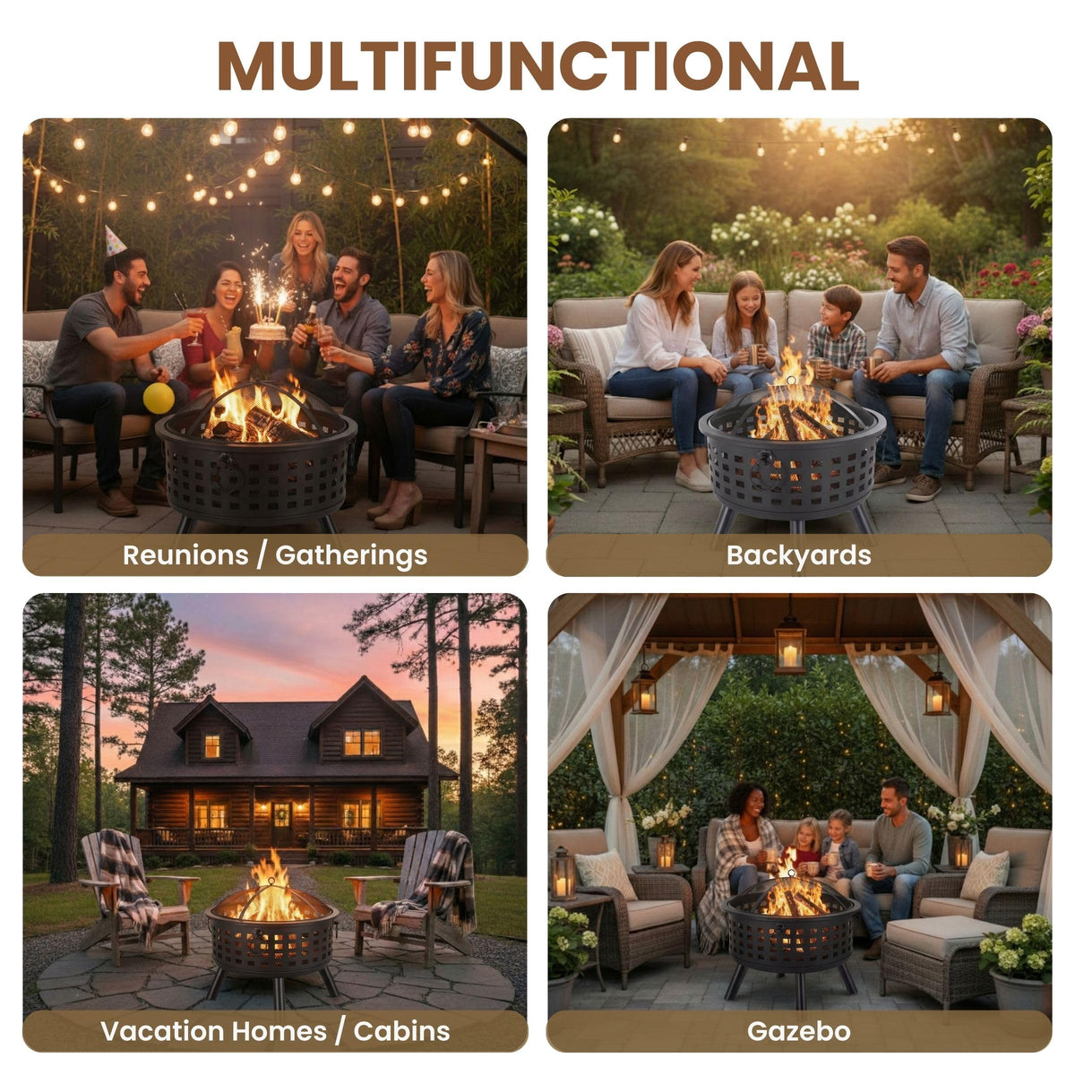 Outdoor Fire Pit - 26-Inch Round Lattice Wood Burning Firepit with Screen, Poker, Grate and Cover - Wood Fire Pits & Outdoor Fireplaces by Pure Garden