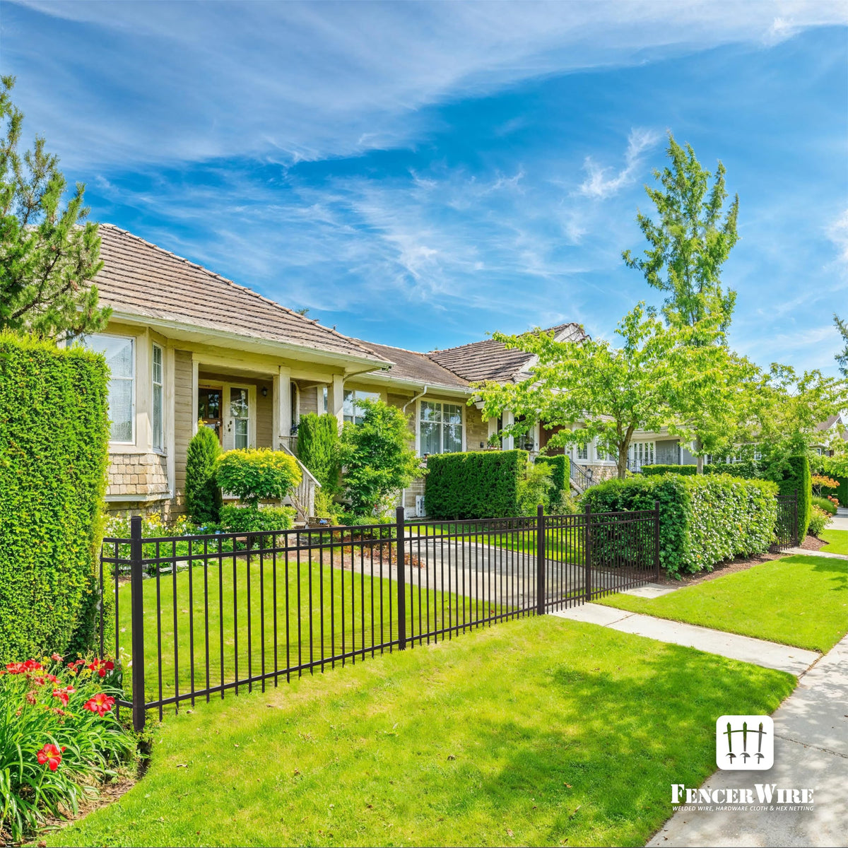 Fencer Wire 76FT Heavy Duty Flat Top Fence Barrier Kit, Anti-Rust Metal Steel Fence with 6FT Height X 6FT Width Panels, with Decorative Gate, Posts, Connectors, Outdoor Fencing for Yard