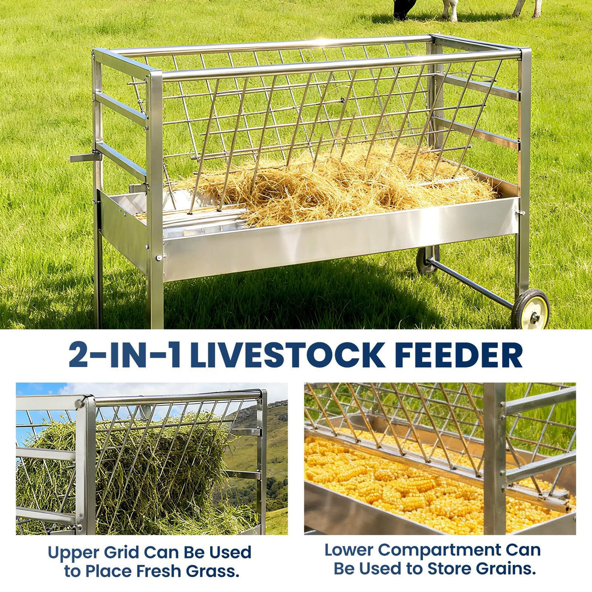 Goat Hay Feeder with Wheels, Goat Feeder 2‑in‑1 Galvanized Steel Heavy‑Duty Design, Large Capacity Rust‑Proof Livestock Feeder, Easy to Clean Mobile Cart for Goats, Sheep, Horses & Ponies