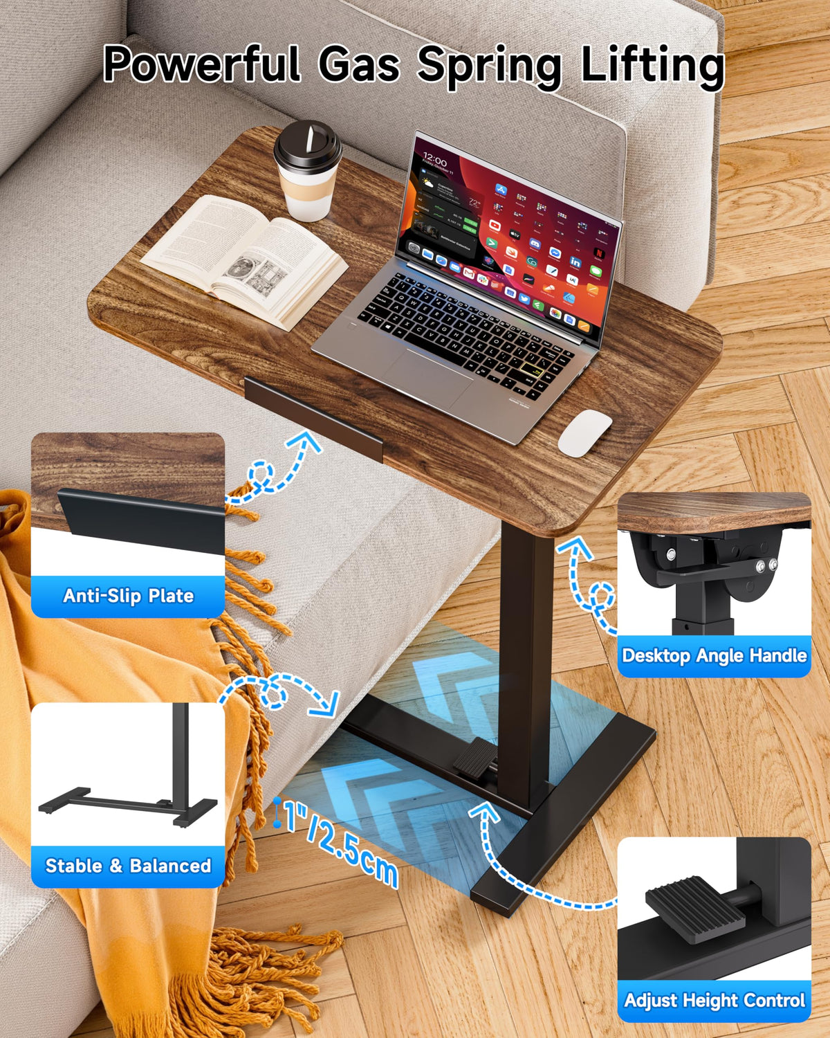 BIZUM Mobile Standing Desk Laptop Desk Pneumatic with Wheels 180° Tilt Top Hospital Bed Table Portable Rolling Cart Foldable Bedside Table for Hospital&Home Use, Walnut