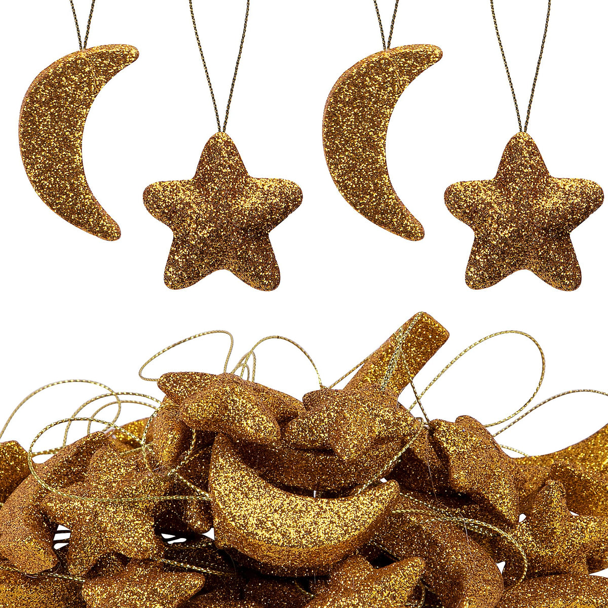 Deloky 40 Pcs Glitter Eid Mubarak Ornaments, Gold Moon Star Hanging Ramadan Tree Ornaments, Shining Ramadan Kareem Moon Star Pendant Decorations for Islamic Muslim Festival Party Home Decor
