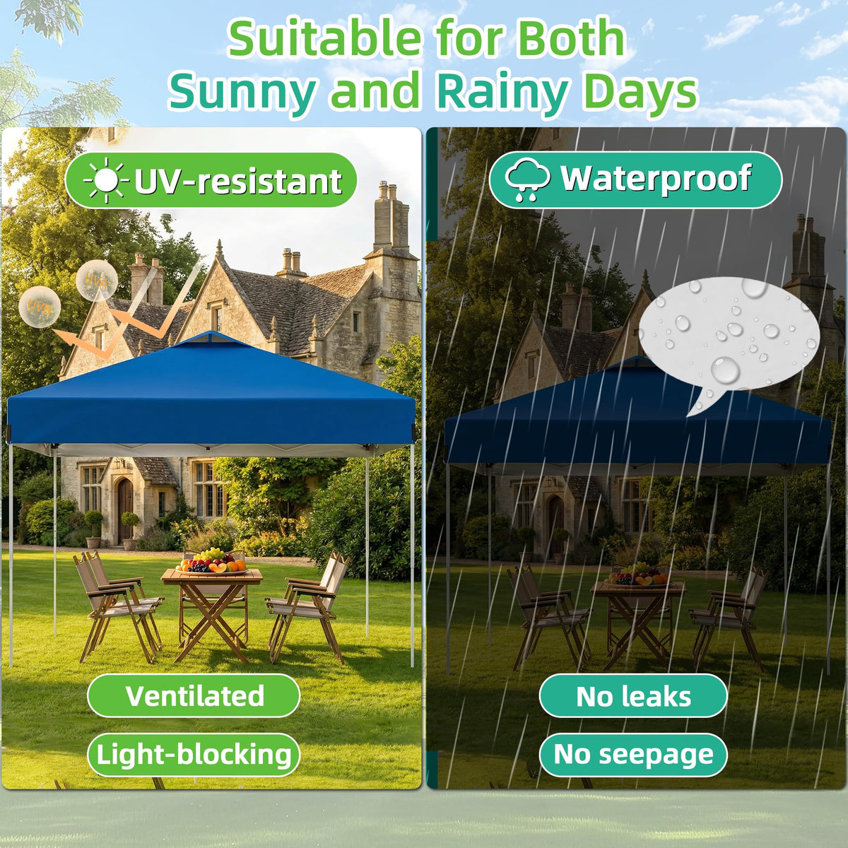 10 x 10FT Blue Pop Up Canopy Tent, Easy Setup Outdoor Portable Gazebos Shelter Sun Shade with Wheeled Carry Bag, Sandbags for Events, Party, BBQ, Backyard, Adjustable Height