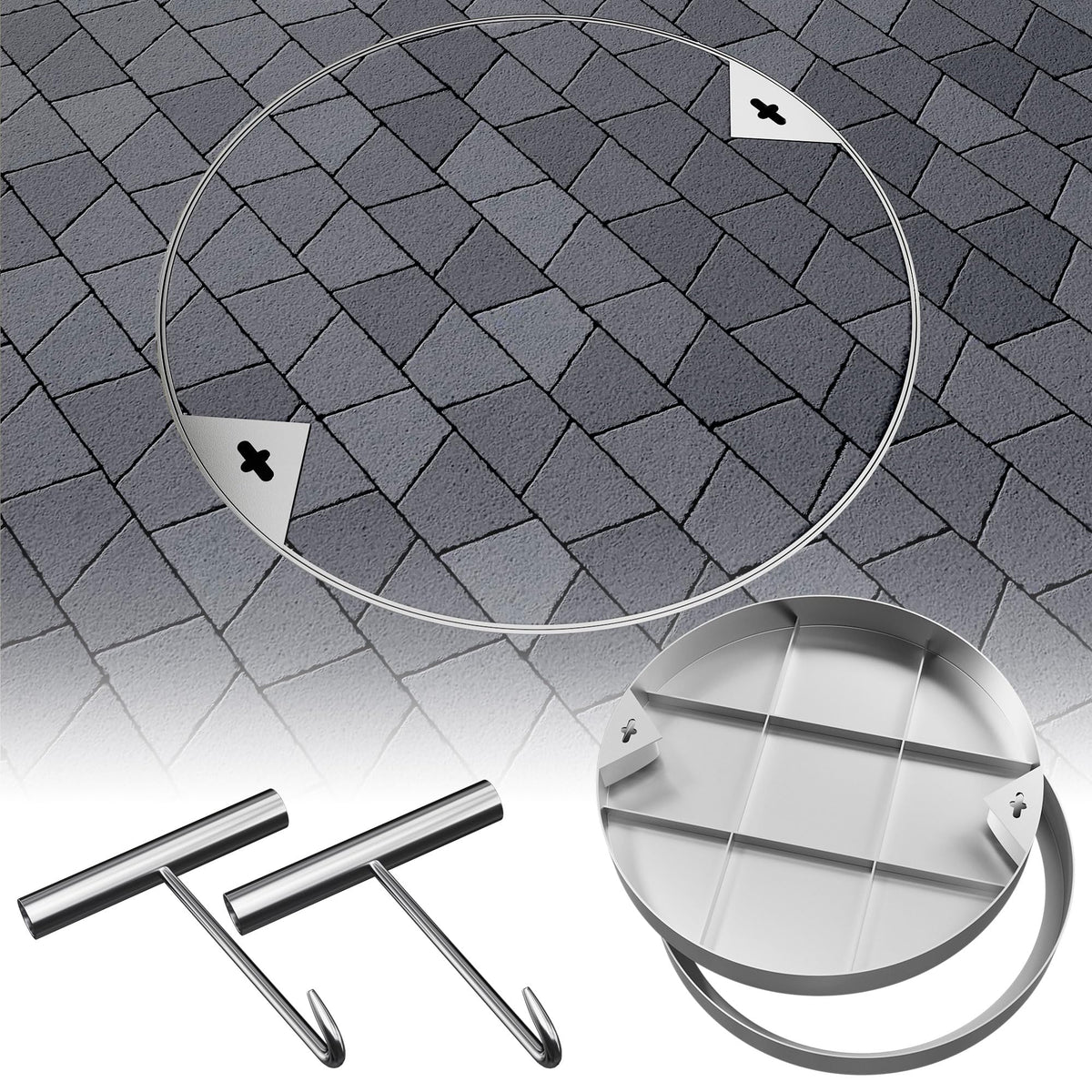 24 inch Stainless Steel Invisible Manhole Cover, Round Embedded Septic Tank Cover with Frame and Lifting Hooks, for Yard/Pavement
