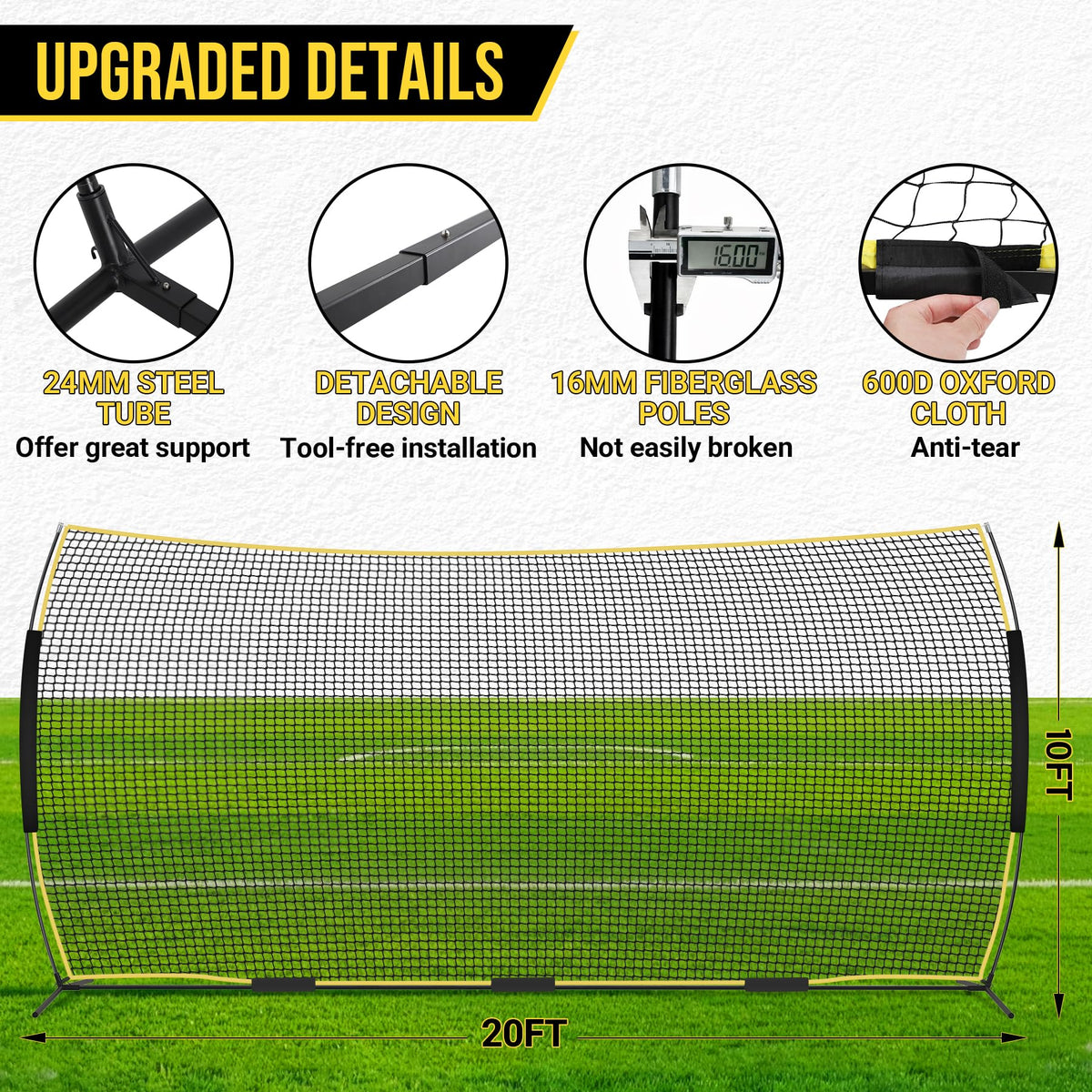 Eastrexon Barricade Backstop Net, 20x10ft Ball Stop Netting with Carry Bag & Ground Stakes, Quick Setup, Portable, Perfect for Lacrosse, Baseball, Basketball, Soccer