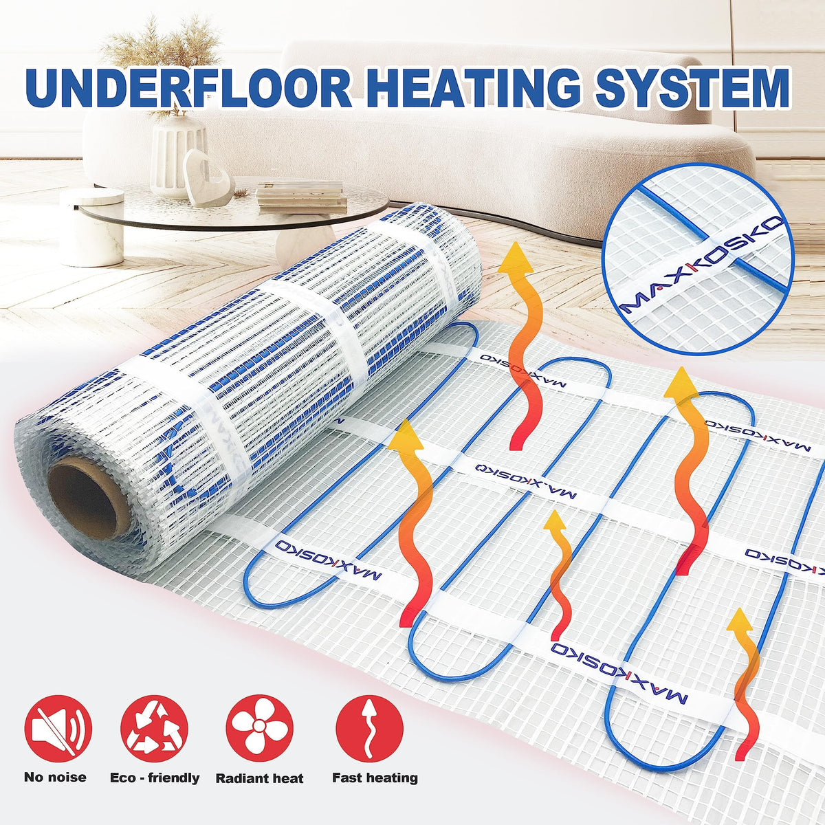 MAXKOSKO 70 sq.ft. Electric Floor Heat Mat Kit, 120 V Underfloor Radiant Heating System for Tile, Stone and Laminate Indoor Use with Alarm Cable Monitor