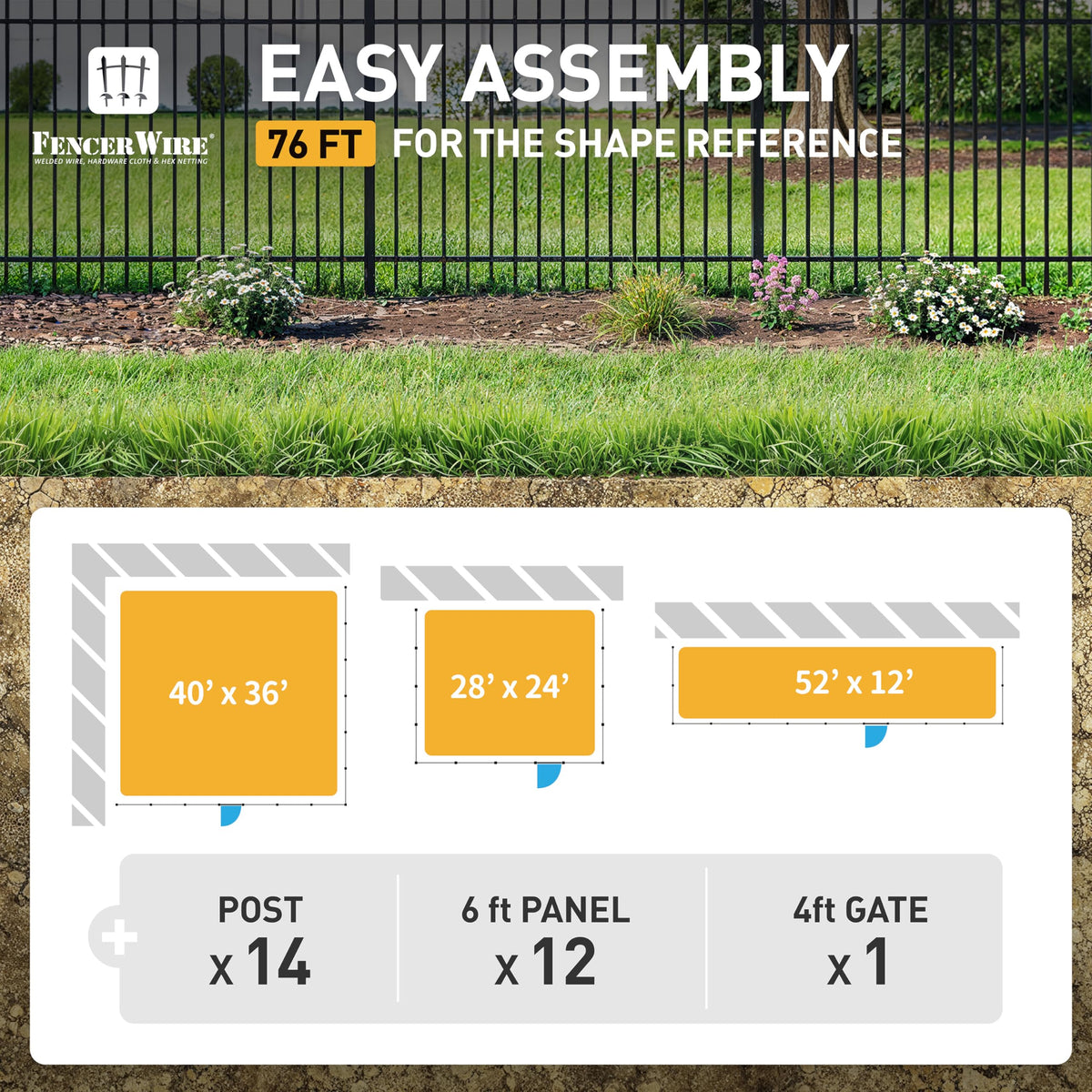 Fencer Wire 76FT Heavy Duty Pinnacle Fence Barrier Kit, Anti-Rust Metal Steel Fence with 5FT Height X 6FT Width Panels, with Decorative Gate, Posts, Connectors, Outdoor Fencing for Yard