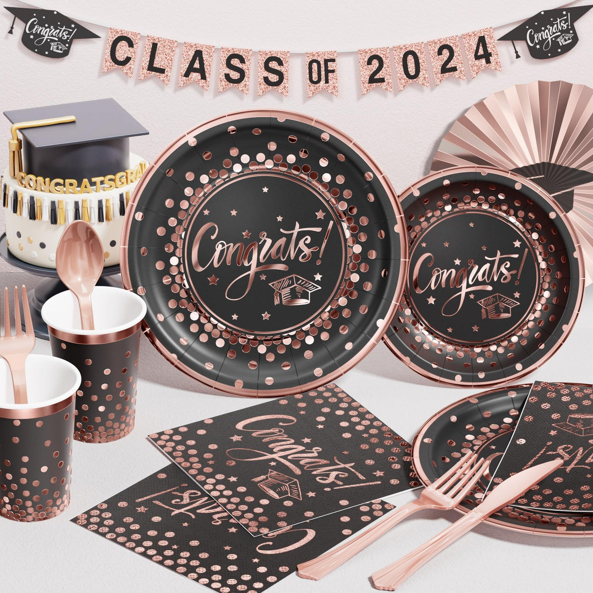 Ecomore 2026 Graduation Party Supplies - 175 PCS Congrats Grad Disposable Dinnerware Set w/Rose Gold Paper Plates Cups Napkins & Plastic Cutlery, Serves 25 Guests for School College Grad Celebration