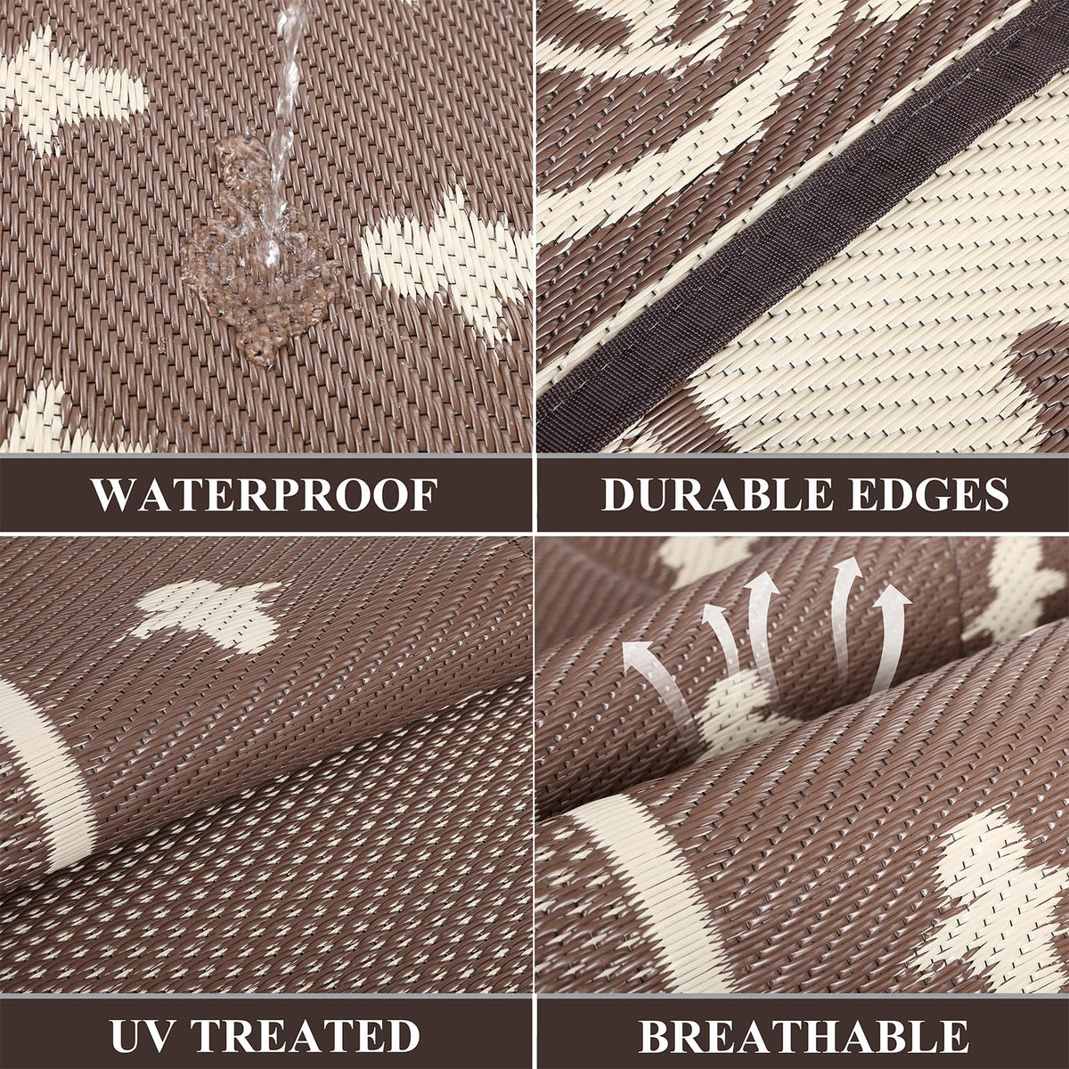 Pauwer Waterproof Outdoor Rug 10x14, Reversible Plastic Straw Patio Camping Rug, Indoor Outdoor RV Mat Carpet for Deck, Camper, Porch, Balcony, Backyard, Picnic, Bordered Brown