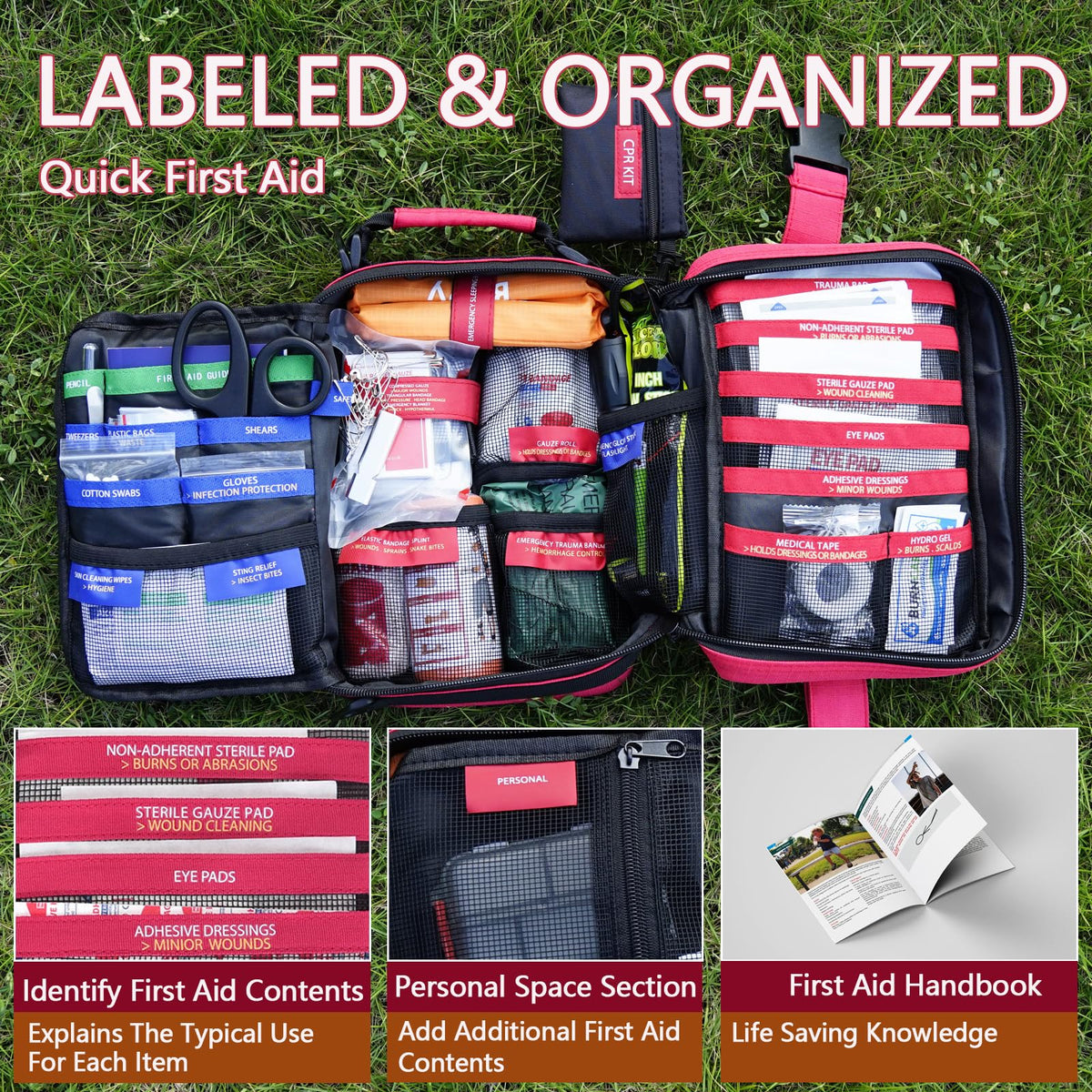 Advanced First Aid Kit, Comprehensive Trauma First Aid Kits with Labelled Compartments for Cars, Home, Office, Backpacking, Camping, Traveling, and Cycling -Upgrade 324 Piece