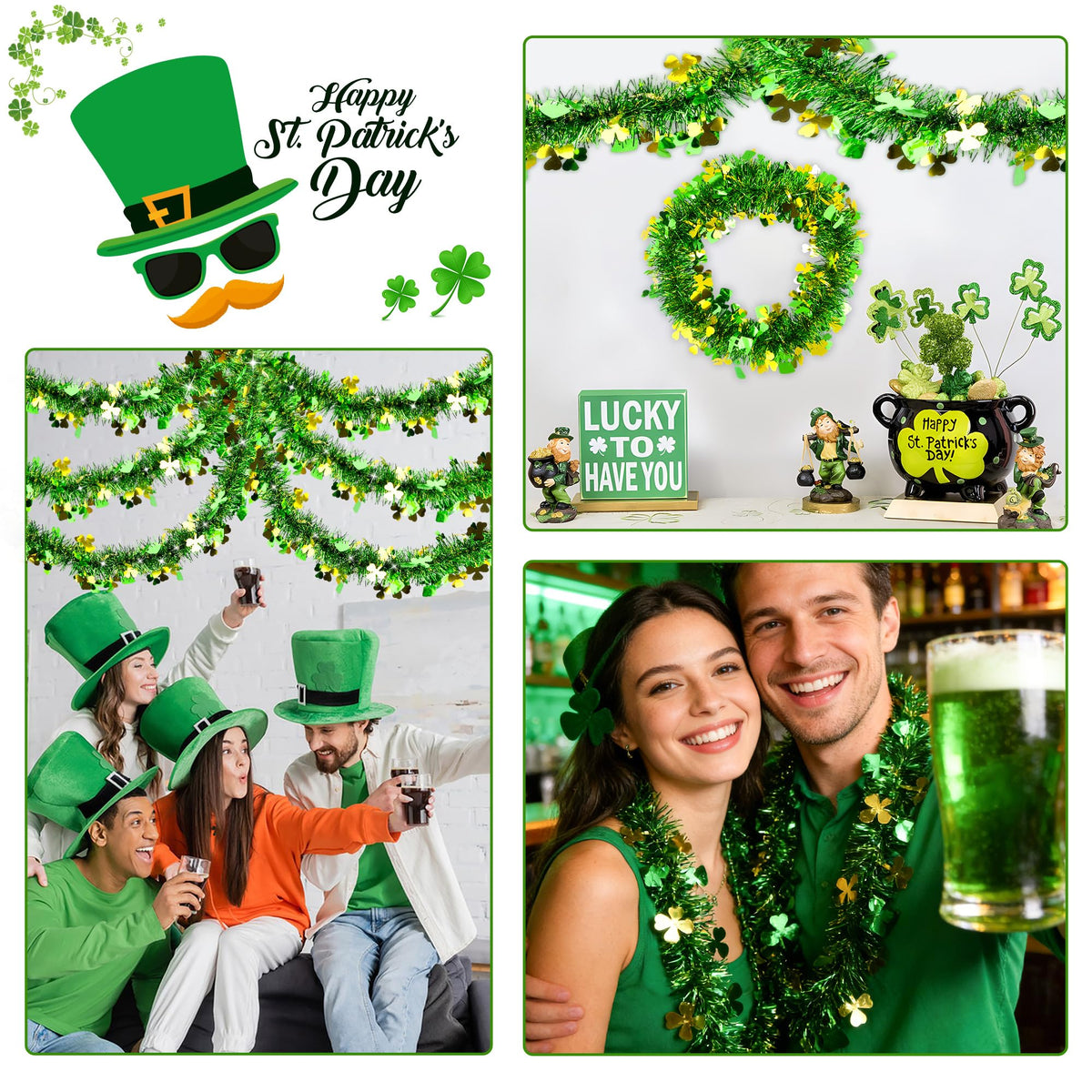 33FT St Patricks Day Decorations Gold Green Shamrock Hat Tinsel Garland, Shiny Metallic Hanging Shamrock Garland Streamer Saint Patricks Day Decor for St Patrick's Day Home Indoor Outdoor Irish Party