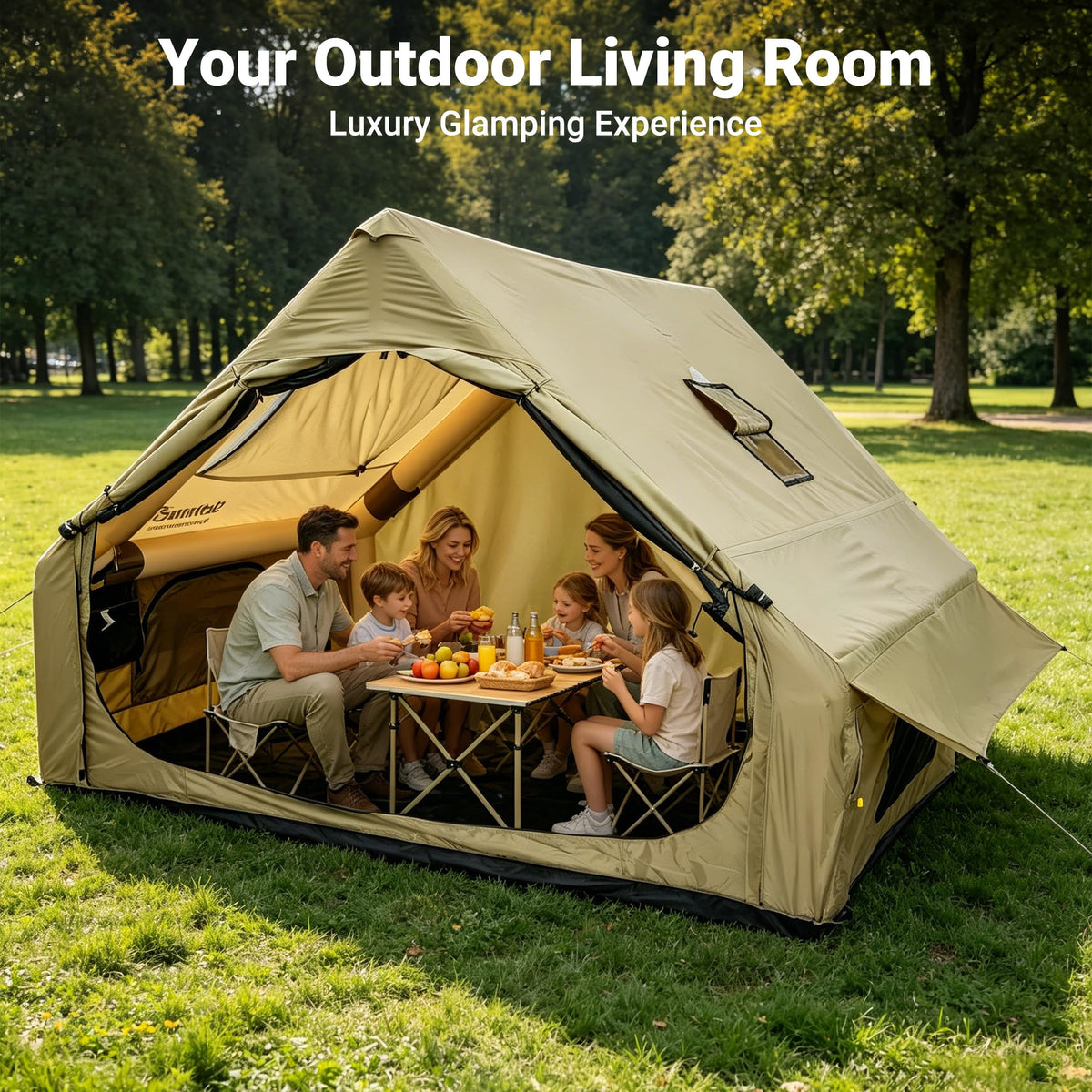 Inflatable Glamping Camping Tent 4-6 Person, 5 Min Quick Setup Tent with Pump, Waterproof Windproof Heavy Duty Oxford, Panoramic Skylight, 4 Season Family Outdoor Shelter