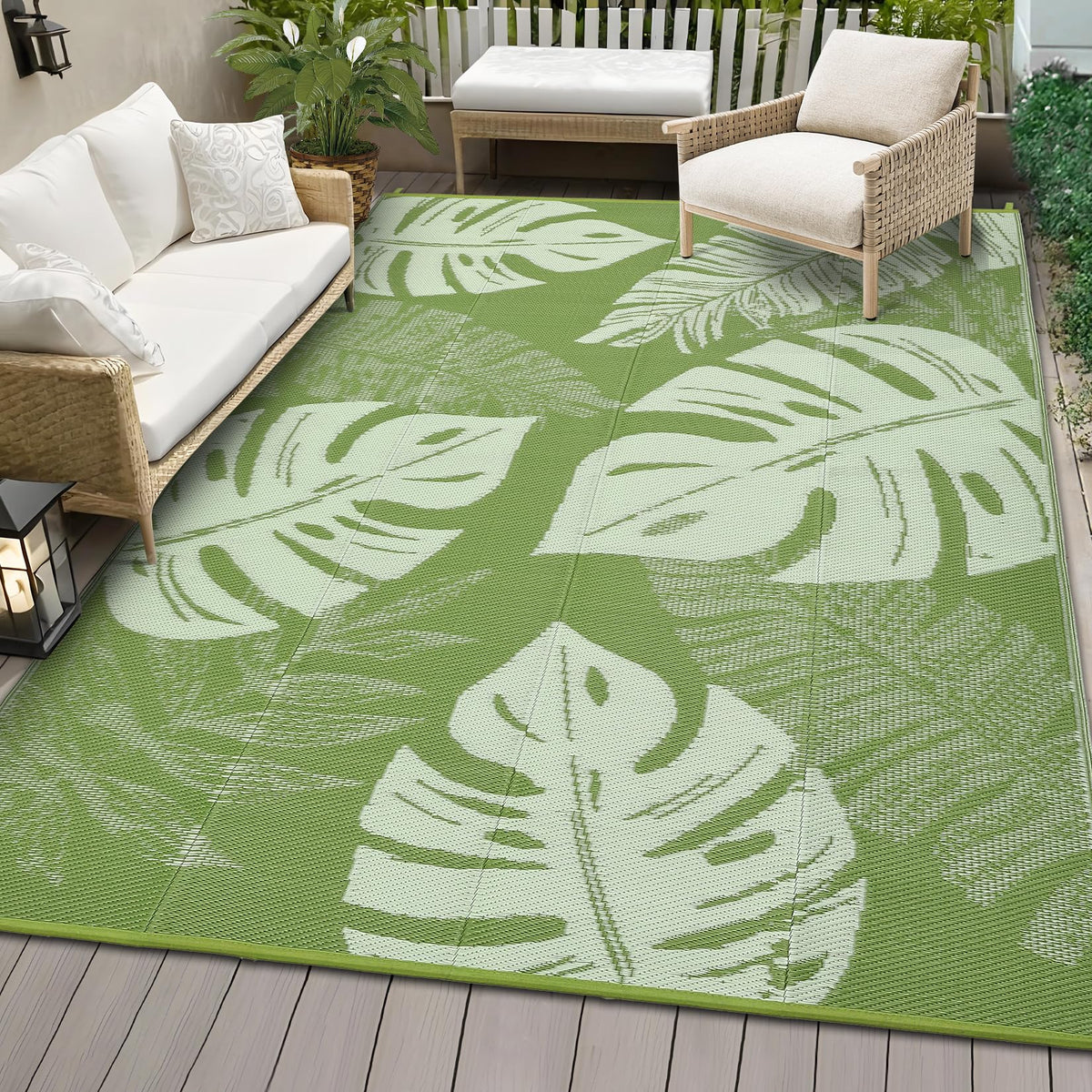 Garvee 9x18 Outdoor Rug Waterproof Reversible Mat Leaf Tropical Patio Rug with 4 Stakes and Starage Bag Portable Outdoor Straw Plastic Area Rug for Camping Porch Deck Rv Balcony Backyard Beach, Sage