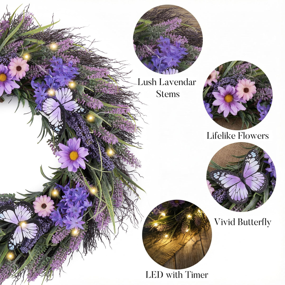Valery Madelyn Spring Lavender Wreaths for Front Door, Artificial Floral Summer Wreath with Lights Purple Bellflower Berries Butterfly for Home Outside Wedding Porch Window Arch Decor-24''