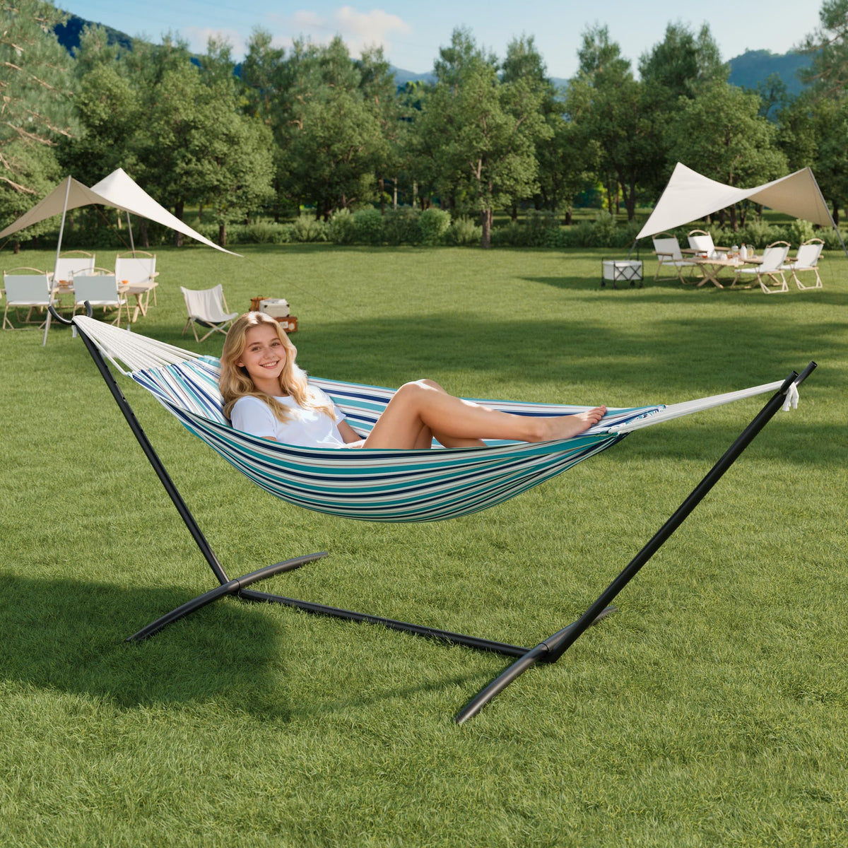 Hammock with Stand for Outside, Upgraded Carrying Case，Easy Assembly, Portable Space Saving Heavy-Duty Steel Frame，Perfect for Outdoor & Indoor, Blue Stripe