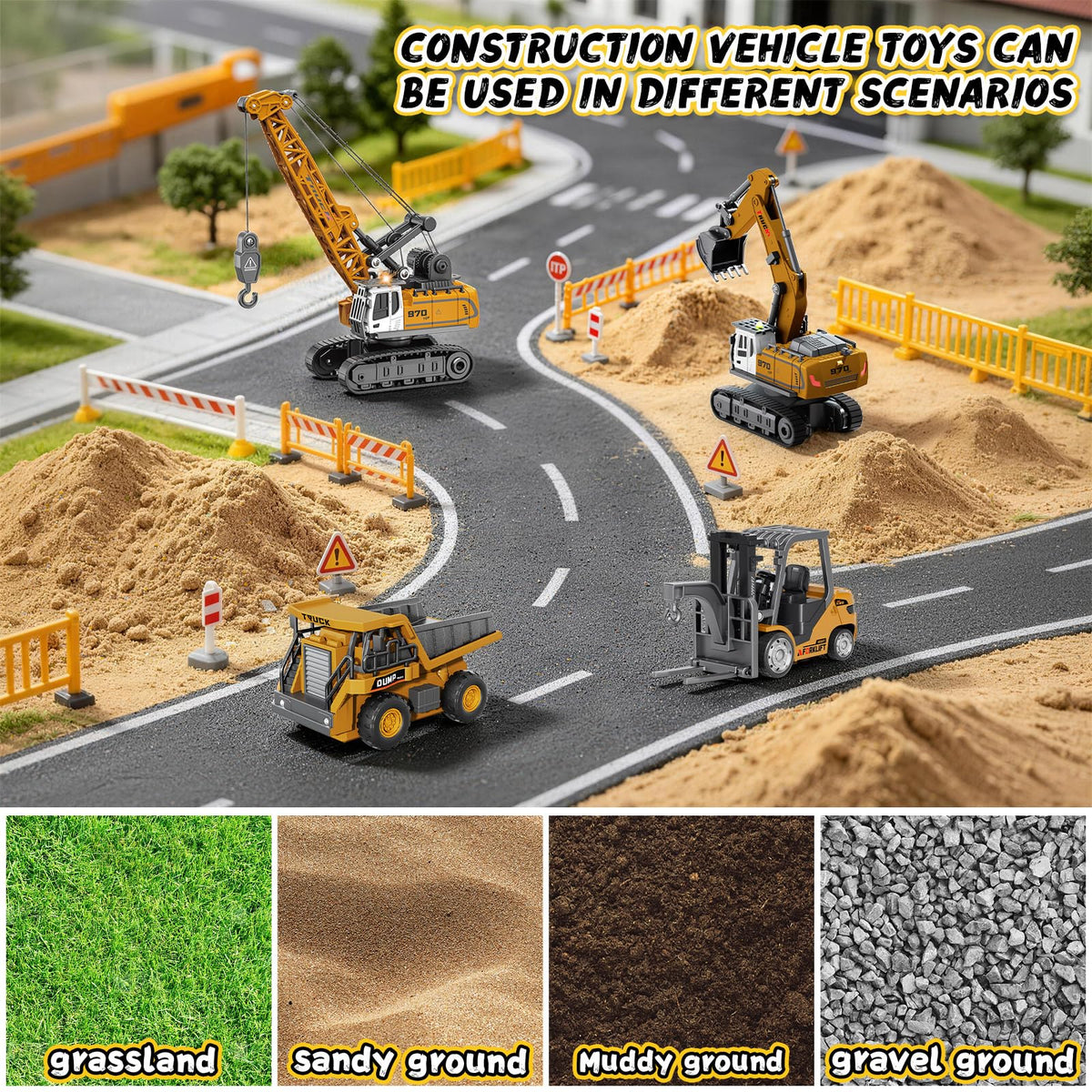 4 PCS RC Construction Vehicles Set with Mini Excavator dump truck Forklift and crane USB Charge Real Lights & Sounds and Movable Parts & Traffic Sign Simulate True Scale Birthday Gifts for Kids Adults