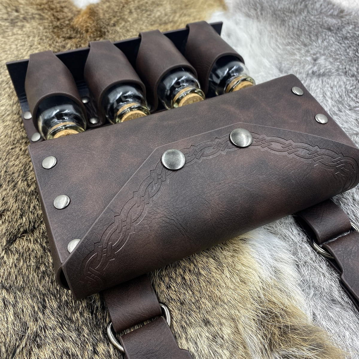 HiiFeuer Medieval Alchemy Faux Leather Belt Bag with 4 Cork Potion Vials, Fantasy Wizard Waist Pouch Side Pack for Ren Faire (Brown A)