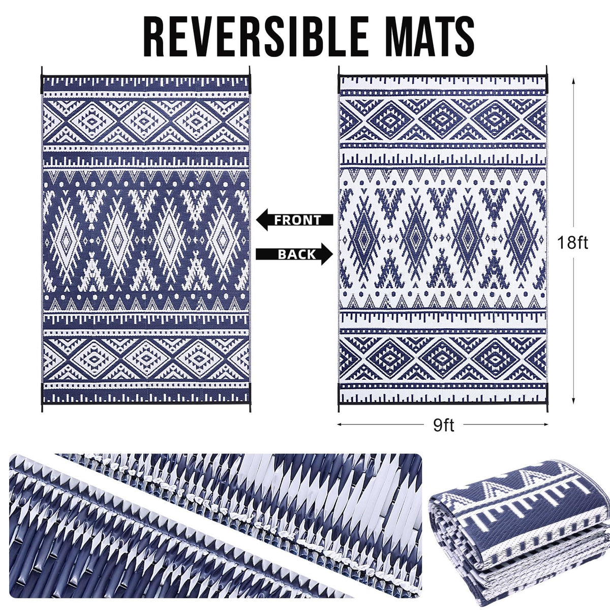 OLANLY Outdoor Rug Waterproof 9x18 ft, Reversible Outdoor Plastic Straw Rug, Boho Patio Rug, Indoor Outdoor Carpet, RV Mat Outside for Patio, Camp, Picnic, Balcony, Deck, Backyard, Navy & White