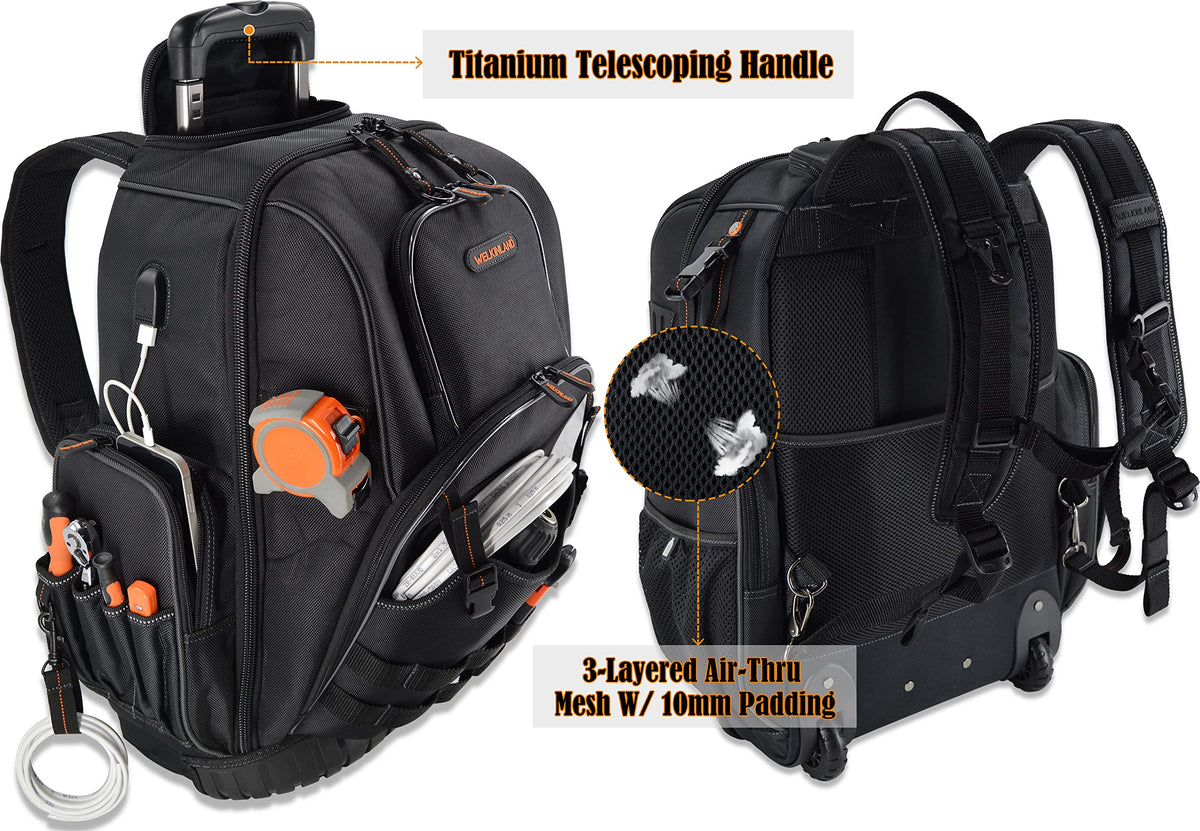 WELKINLAND 72Pockets Rolling Tool backpack, Large tool bag with wheels, Rolling Electrician bag with wheels for men