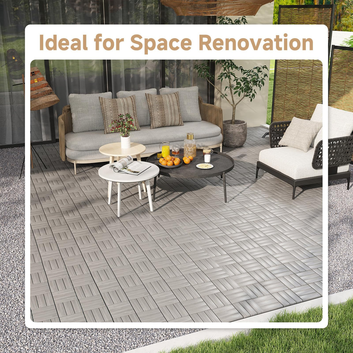 Rovibek Acacia Wood Interlocking Deck Tiles, 30PCS 12"x12" Outdoor Waterproof Decking Tiles, All Weather Use for Balcony Patio Backyard Poolside, Indoor & Outdoor, Checker Gray