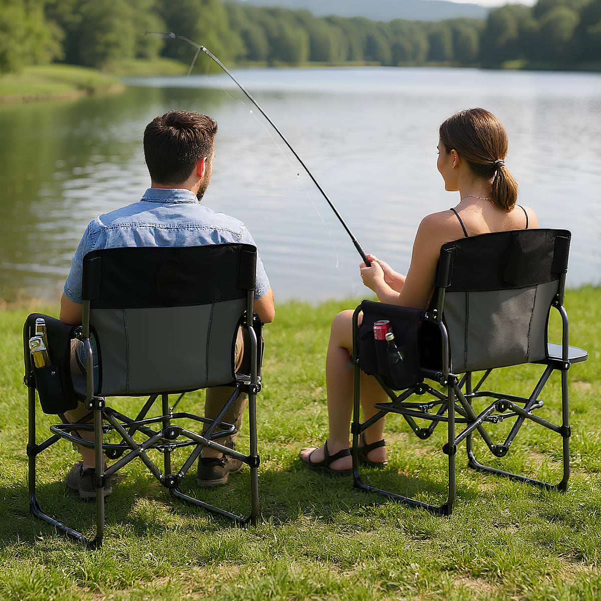 2 Pack Oversized Camping Directors Chair, Portable Folding Lawn Chairs for Adults with Side Table and Storage Pouch,Pocket for Beach, Fishing, Picnic,Concert,Tailgating, Heavy Duty Supports 330LBS