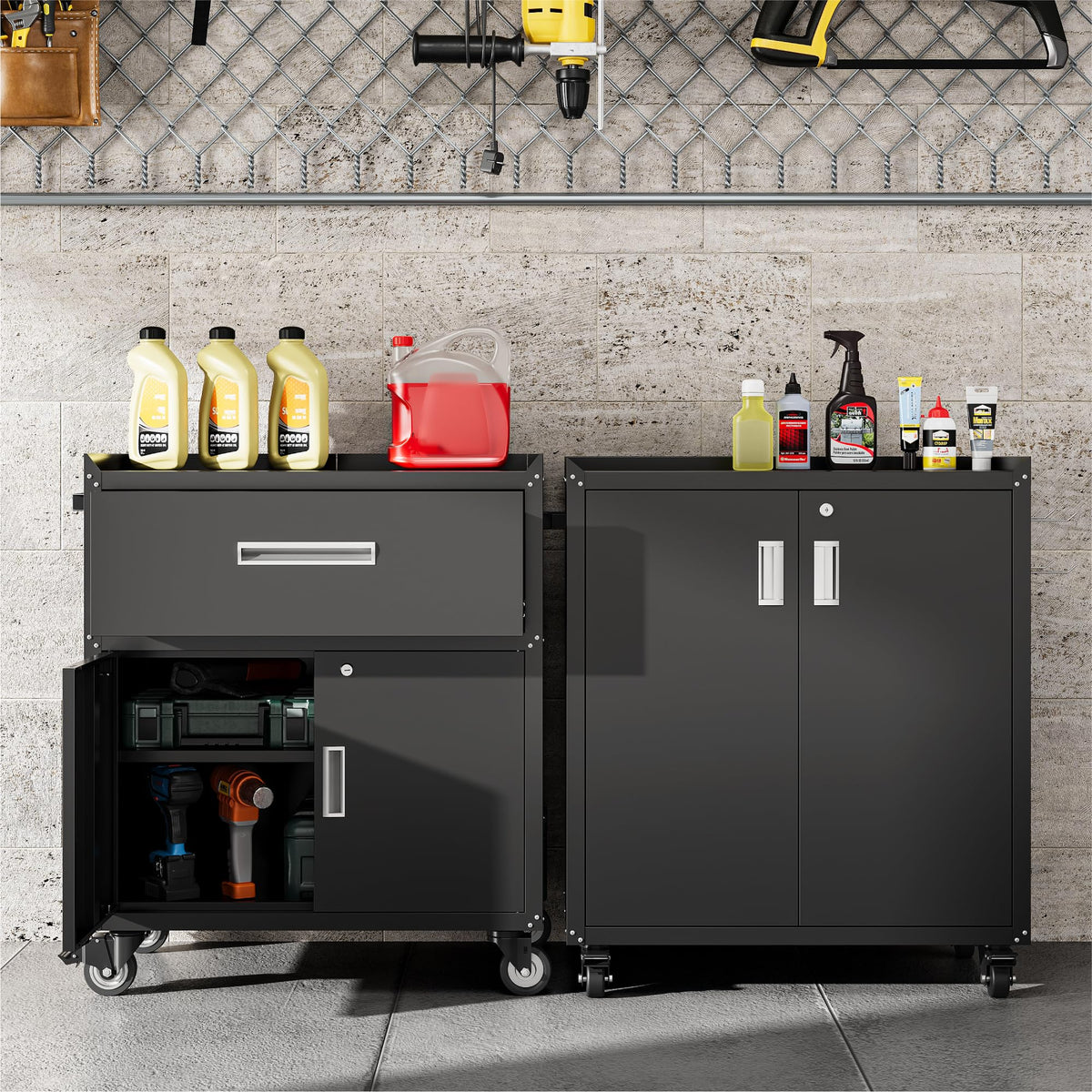 COFaR Heavy-Duty Rolling Storage Cabinet, 2-Door Metal Garage Cabinet with 2 Adjustable Shelves, Lockable Wheels & Locking Doors, 35"H Large Capacity Tool Chest for Workshop, Garage, Warehouse - Black