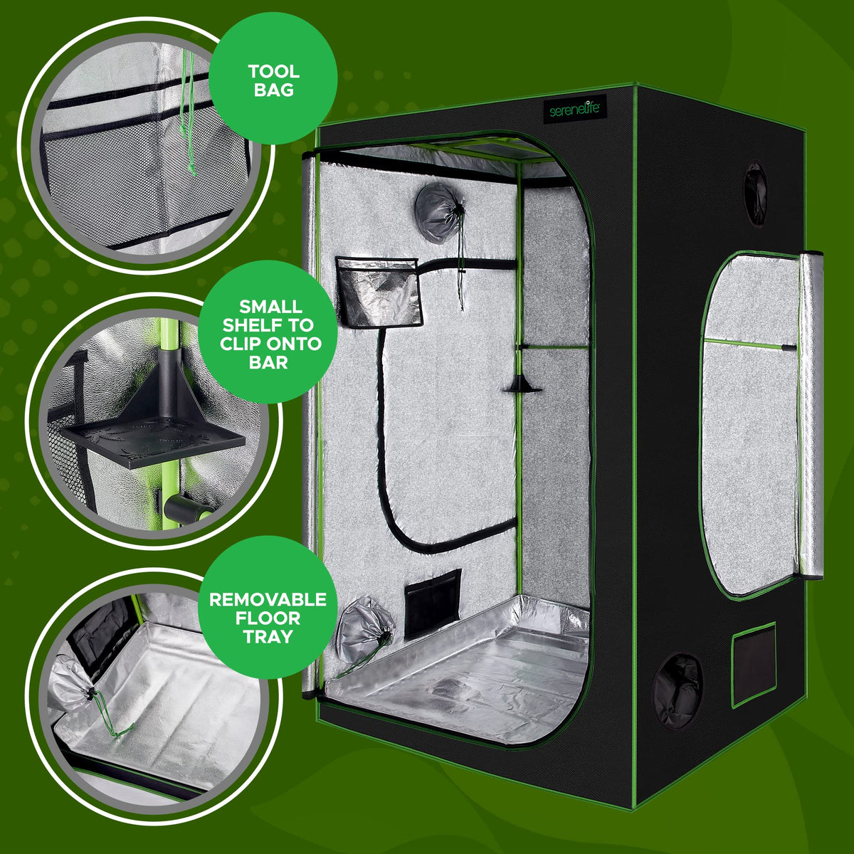 SereneLifeHome Medium Hydroponic Grow Tent Garden-48'' x 48'' x 80'' Indoor Plant Growing System w/Durable Reflective 600D Mylar,Observation Window-Includes Removable Floor Tray,Black,Green,SLGT48M