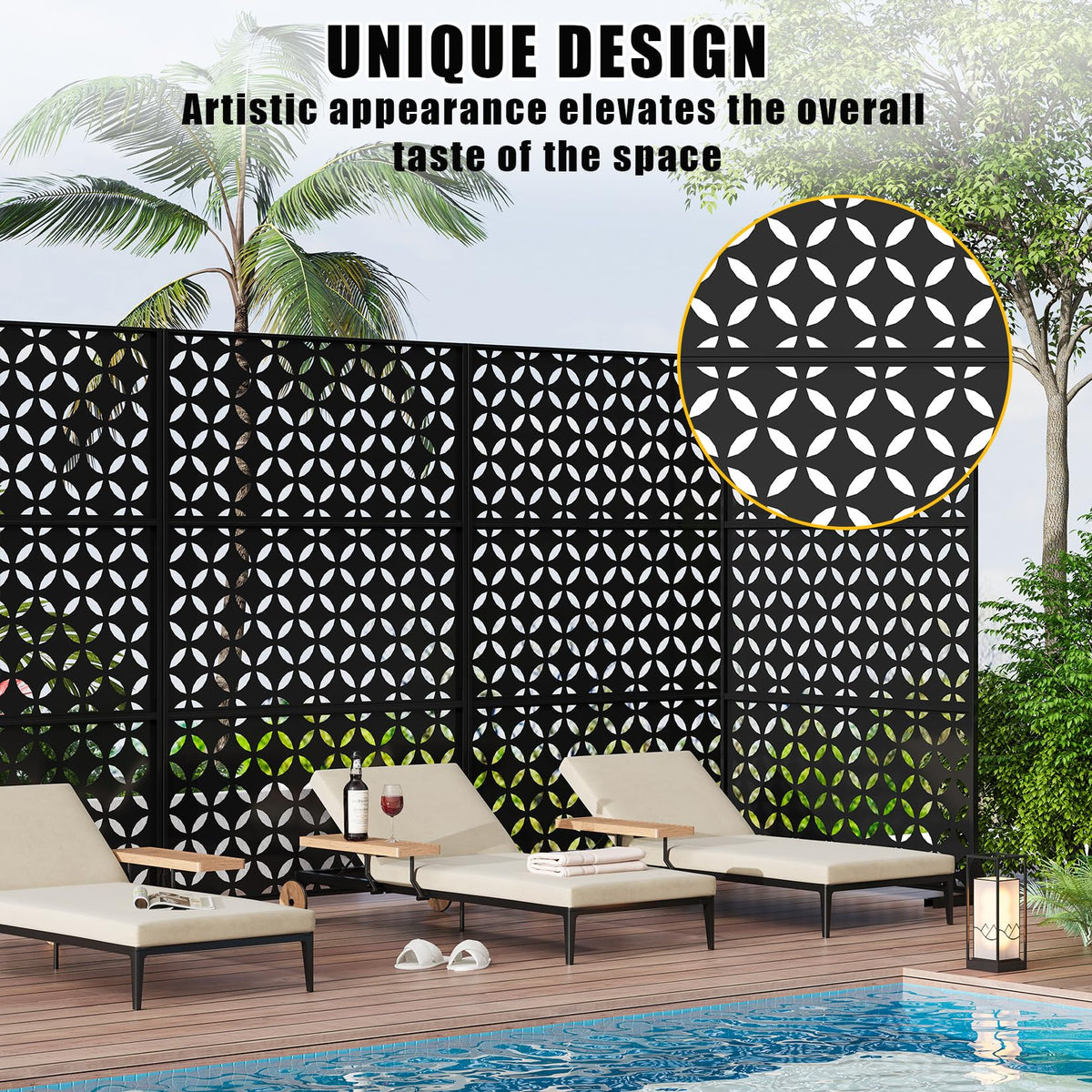72" h × 47" w Outdoor Privacy Screen, Laser Cut Metal Garden Divider Panel with Tropical Leaf Design, Freestanding Weatherproof Privacy Fence for Patio Deck Backyard Balcony