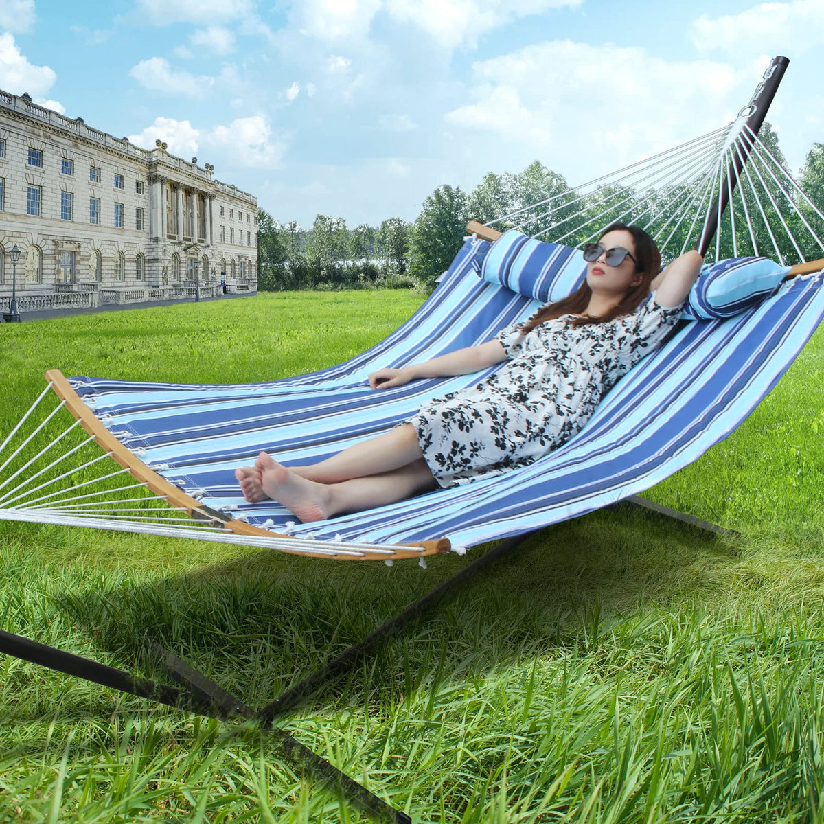 GardenLux Hammock with 12.8 Feet Stand & Curved Bamboo Spreader Bar Double Hammocks 2 Person Heavy Duty Max 450lbs Capacity, Catalina Beach