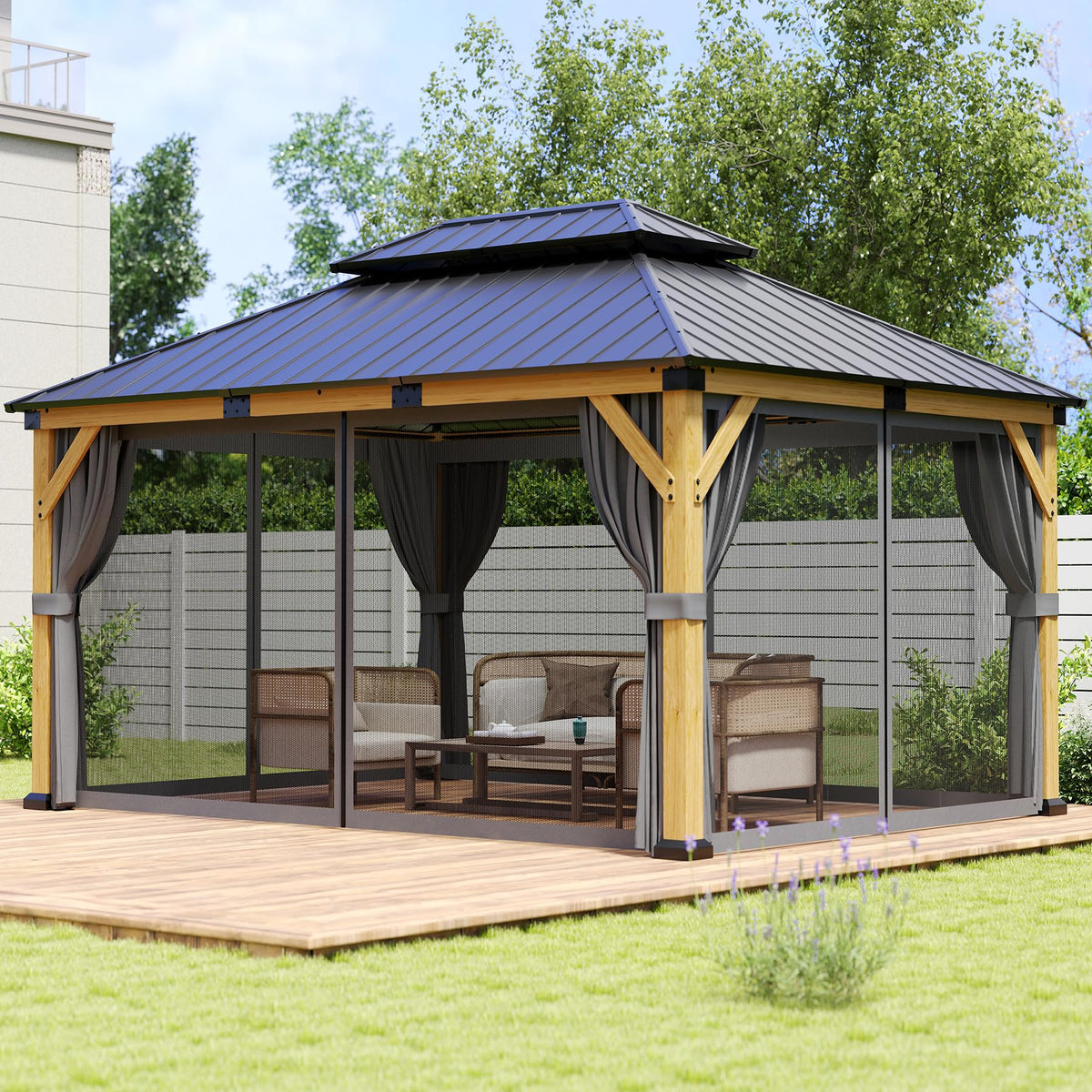 Jocoevol 12' X 16' Gazebo Curtains and Mosquito Netting Universal Replacement All Weather Outdoor Outside Curtains Waterproof Pergola Curtains Privacy Curtains Blackout Gazebo Side Wall for Patio
