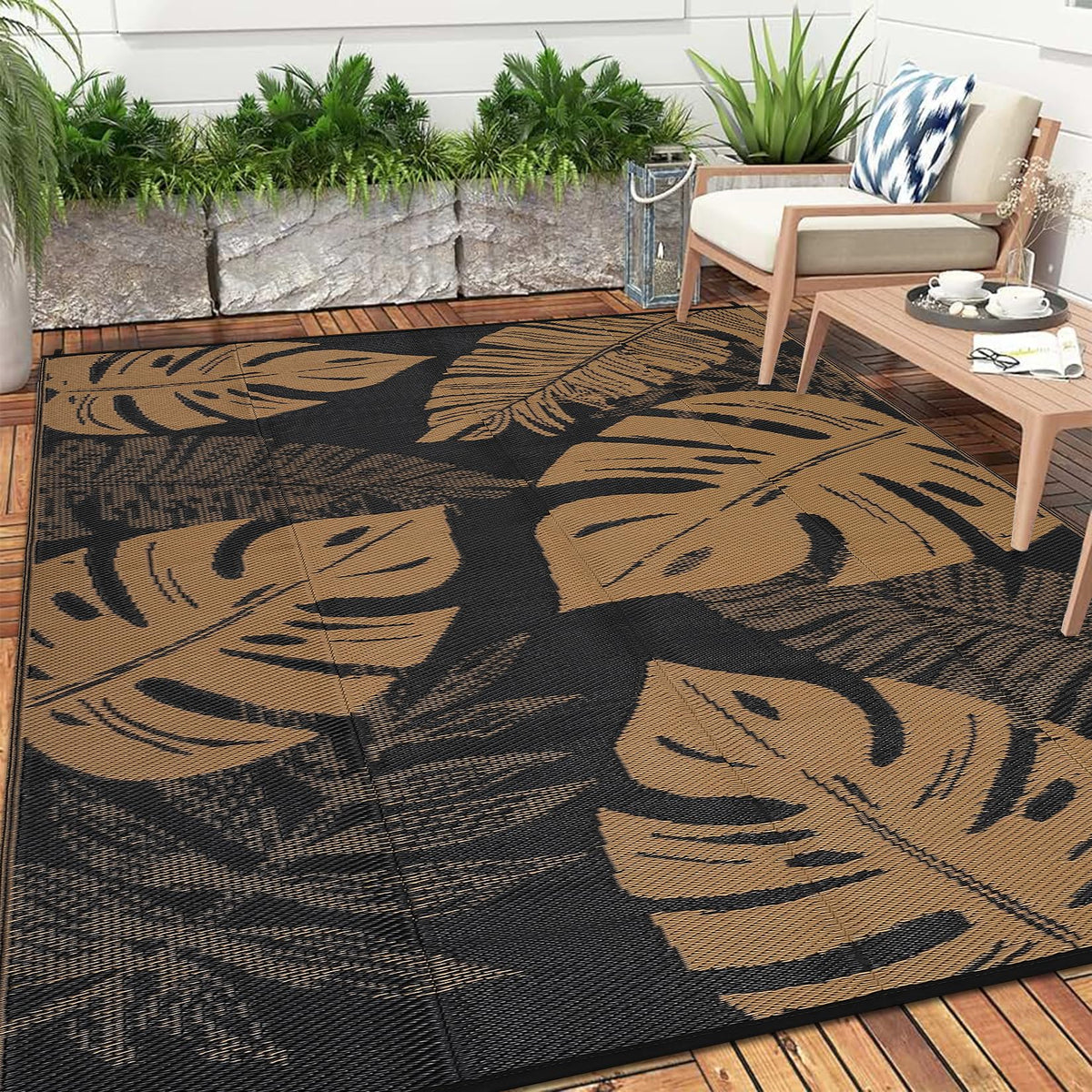 GarveeHome Outdoor Patio Rug 9x18 Waterproof Reversible Mat Leaves Camping Rugs Indoor Outdoor Rugs Carpet Large Area Rug Plastic Straw Rug for Patio Deck Balcony Pool RV Camping, Black and Brown