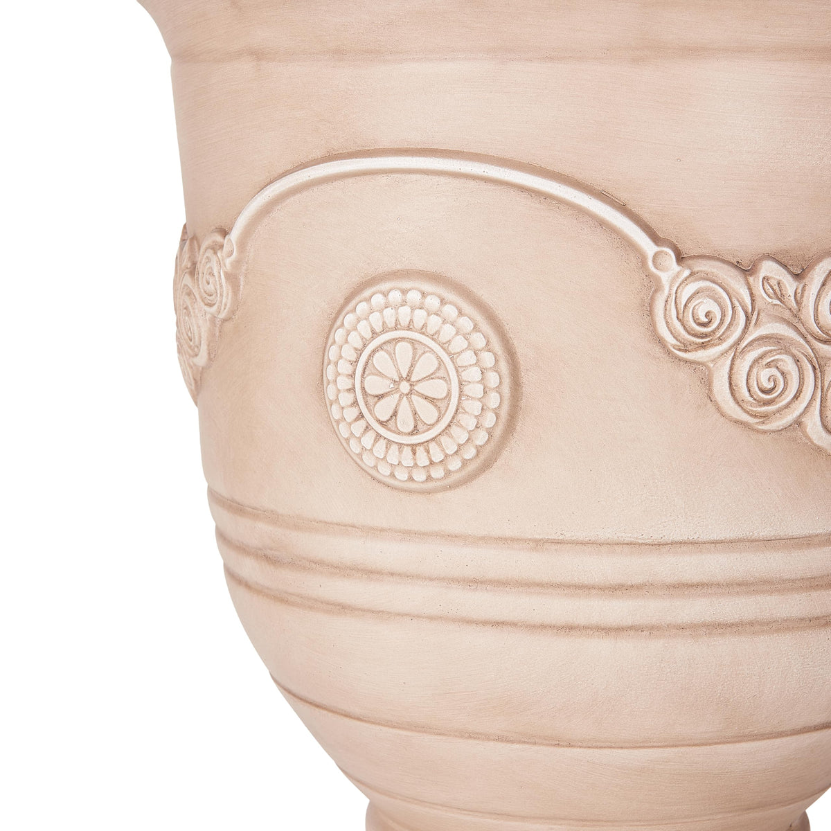 Christopher Knight Home Rewol Round Concrete Planter Set of 2, 2 Pack Garden Flower Pot with Drainage Hole, Floral Relif Patio Urn Planter for Outdoor Plants, Outdoor Planter Box, No Assembly, Beige