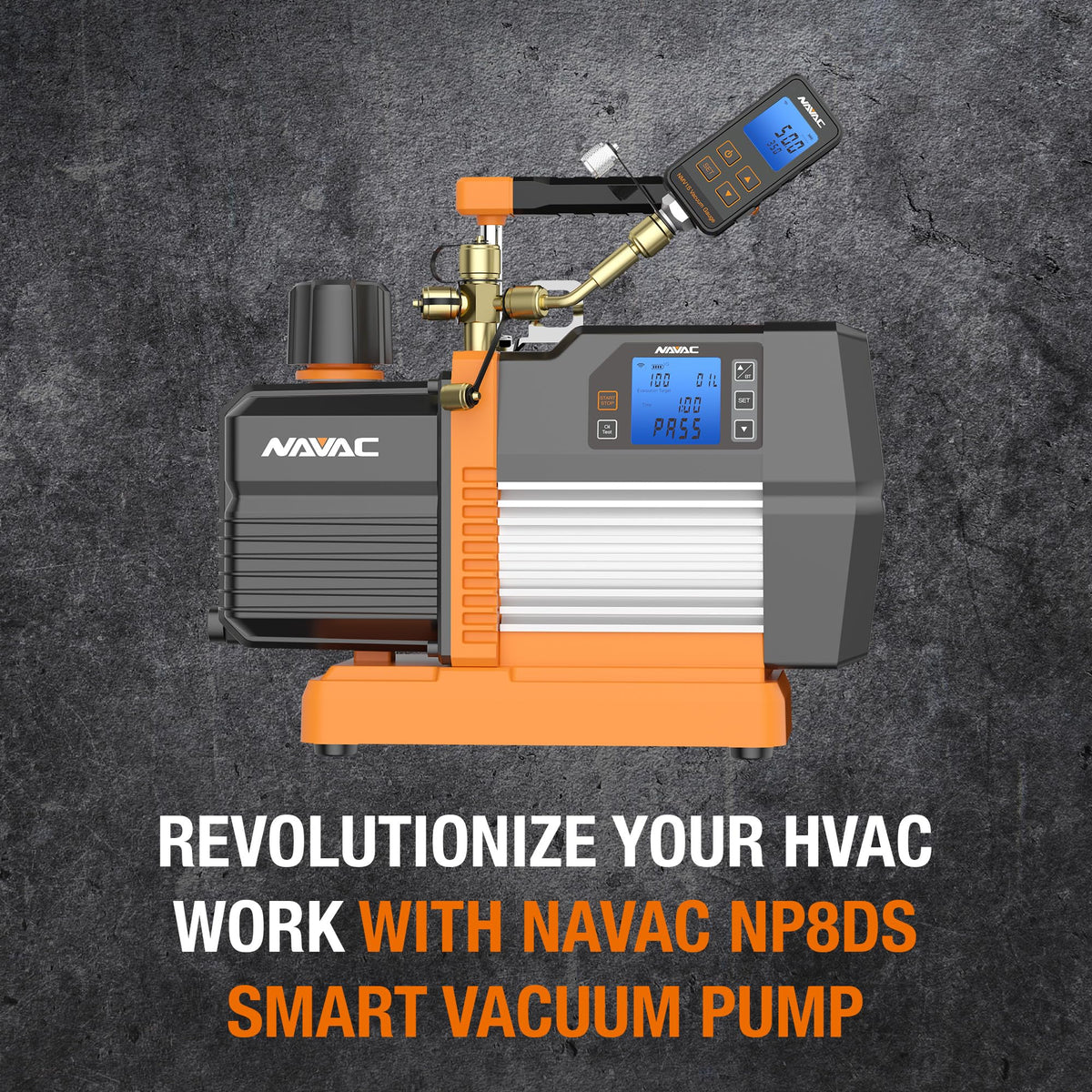 NAVAC Smart Vacuum Pump - 8 CFM Dual-Stage AC Motor, 15 Micron, Real-Time Readings with Digital Display & Compatible NMV1S Bluetooth Gauge, Compact HVAC Pump, Vacuum Gauge Not Included, 28.6 lbs