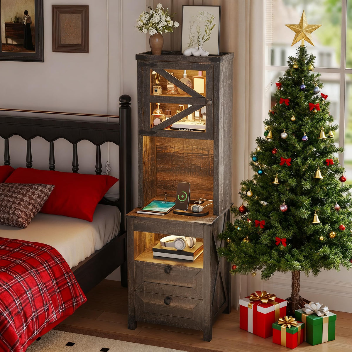 HWB Tall Night Stand with Charging Station and LED Lights, Farmhouse Nightstand with Gun Drawer&Adjustable Shelf, Bedside Table with 3 Drawers for Bedroom, Rustic Brown