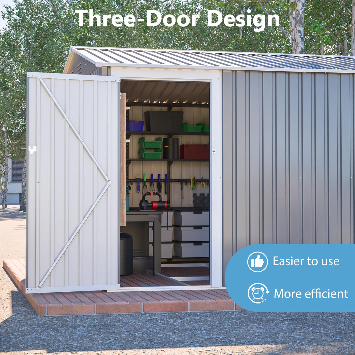 10'x14' Galvanized Steel Outdoor Storage Shed with 3 Lockable Hinged Doors & Side Access Door, 4 Top Air Vents & Built-in Raised Floor Frame, Large Garden Tool Shed, Gray