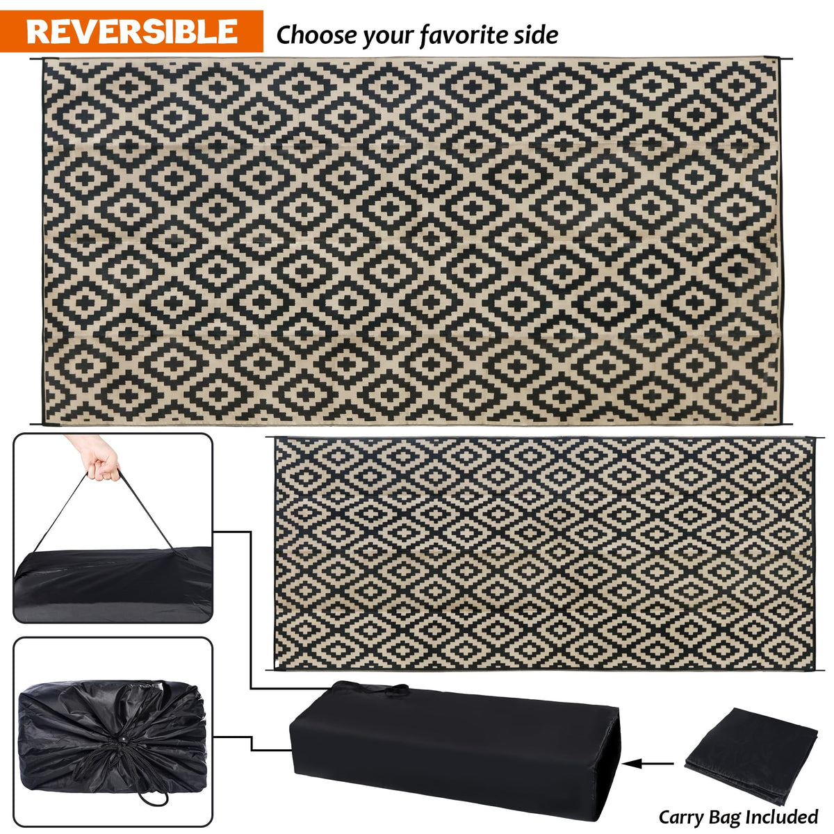 SAND MINE Waterproof Outdoor Rug 10x20 ft, Plastic Reversible Rug, Modern Area Rug, Large Floor Mat for Outdoors, RV, Patio, Backyard, Deck, Picnic, Beach, Camping, Black & Beige