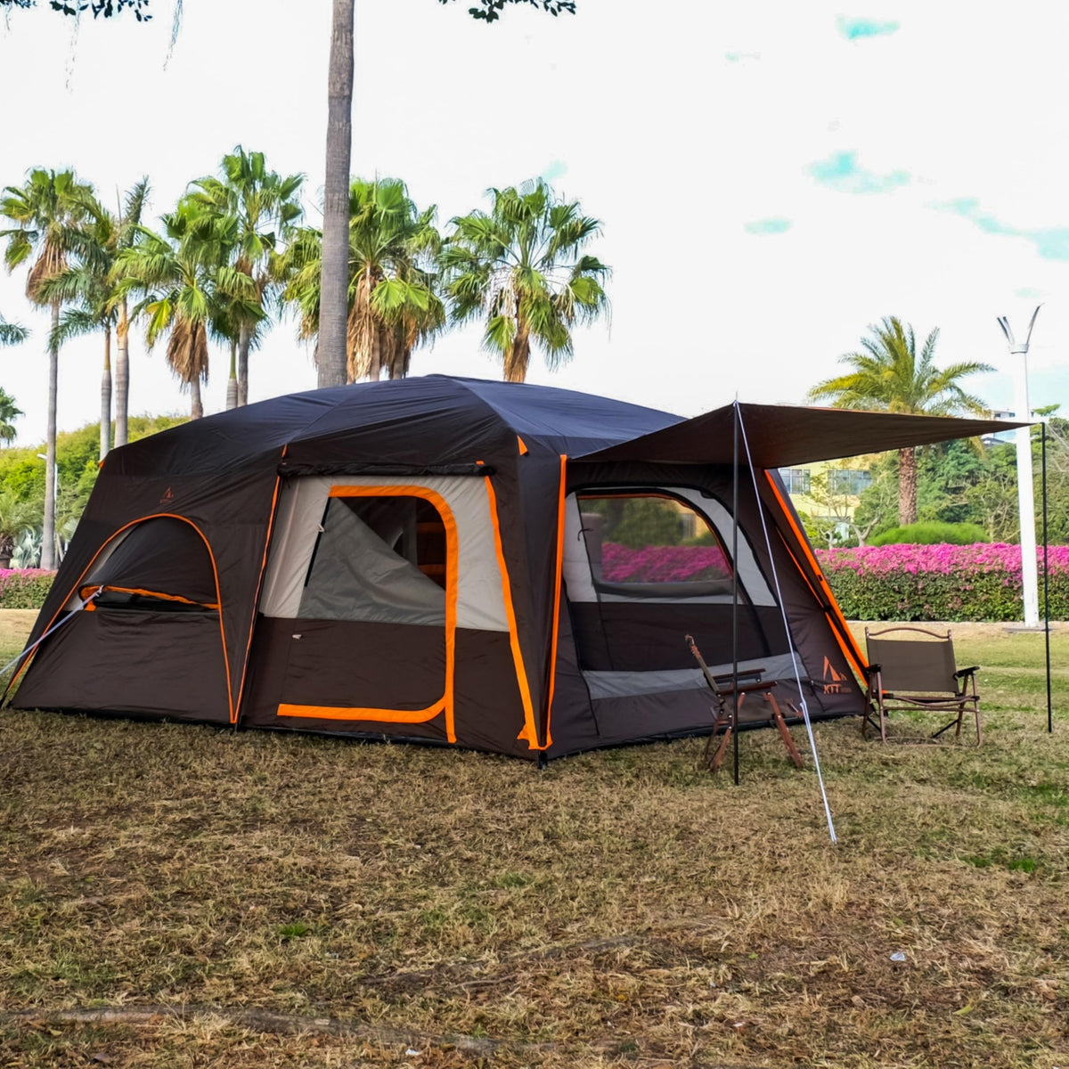 KTT Extra Large Tent 12 Person,Family Cabin Tents,Full Rainfly,2 Bay-Windows,2 Rooms and 3 Doors 3 Windows with Mesh,Waterproof,Straight Wall,Double Layer,Big Tent for Outdoor,Picnic,Camping(Brown)