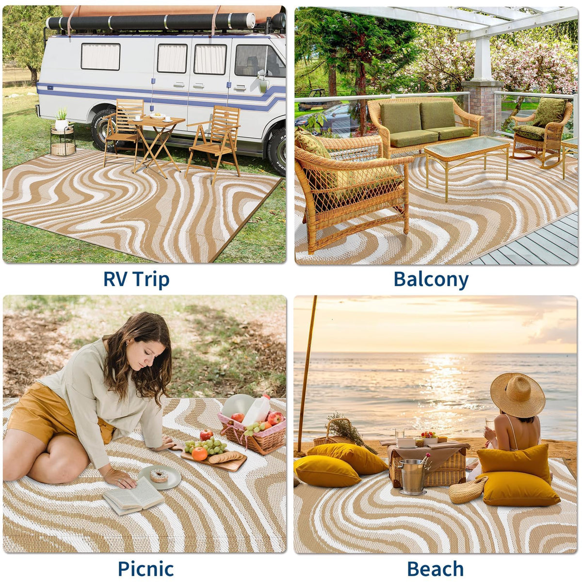 MilleLoom 10x20 Large Outdoor Patio Rug Modern Abstarct Plastic Straw Outdoor Rugs Waterproof Foldable UV Resistant Camping Reversible Mats for Deck, Camper, Balcony, Beach, Rv，Brown/Coffee/White