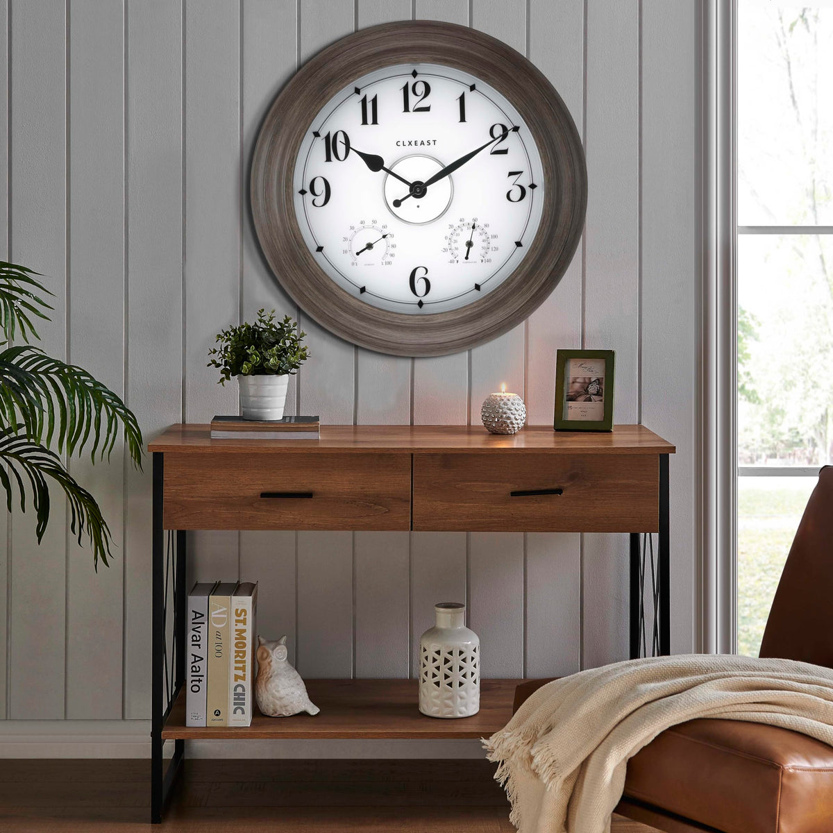 CLXEAST 24 Inch LED Illuminated Outdoor Clocks Waterproof with Thermometer & Hygrometer, Large Lighted Metal Wall Clock with Smart Night Light Sensor,Grey Oak Finish,House Warming Gifts New Home