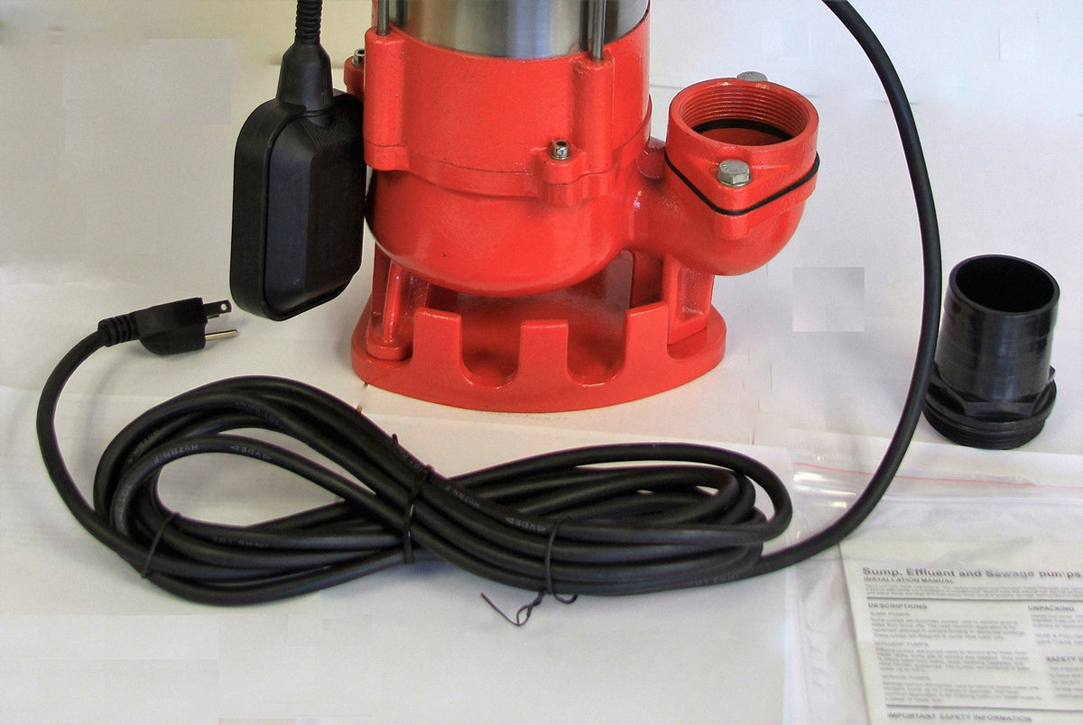 Sewage Pump, S.S, 3/4HP, 230V, 38' head, 5600gph. 20' Cable, Heavy Duty
