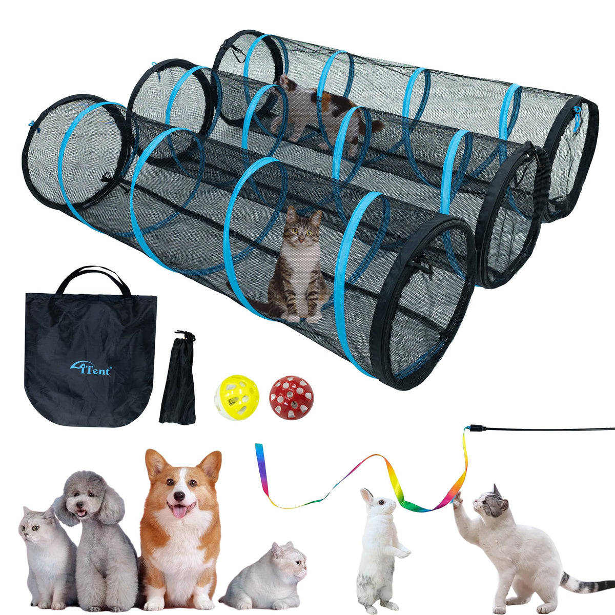 ITENT Cat Play Tunnel-for Indoors and Outdoors,Cat Tunnel Outdoor, Kitty Outdoor Enclosure, Cat Enclosures Easy to Connect with Two Zipper Doors,Product Size 59'' x 18'',3pcs /Set,Blue,3 Packs