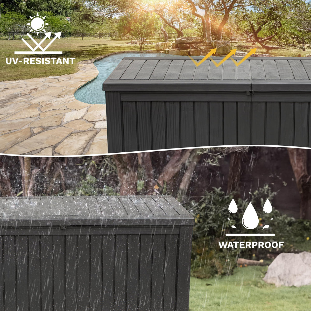 DWVO 180 Gallon XL Deck Box with Divider & Lockable Lid, Waterproof Resin Outdoor Storage for Patio, Garden, Poolside, Cushions, Supplies & Sports Gear, Black